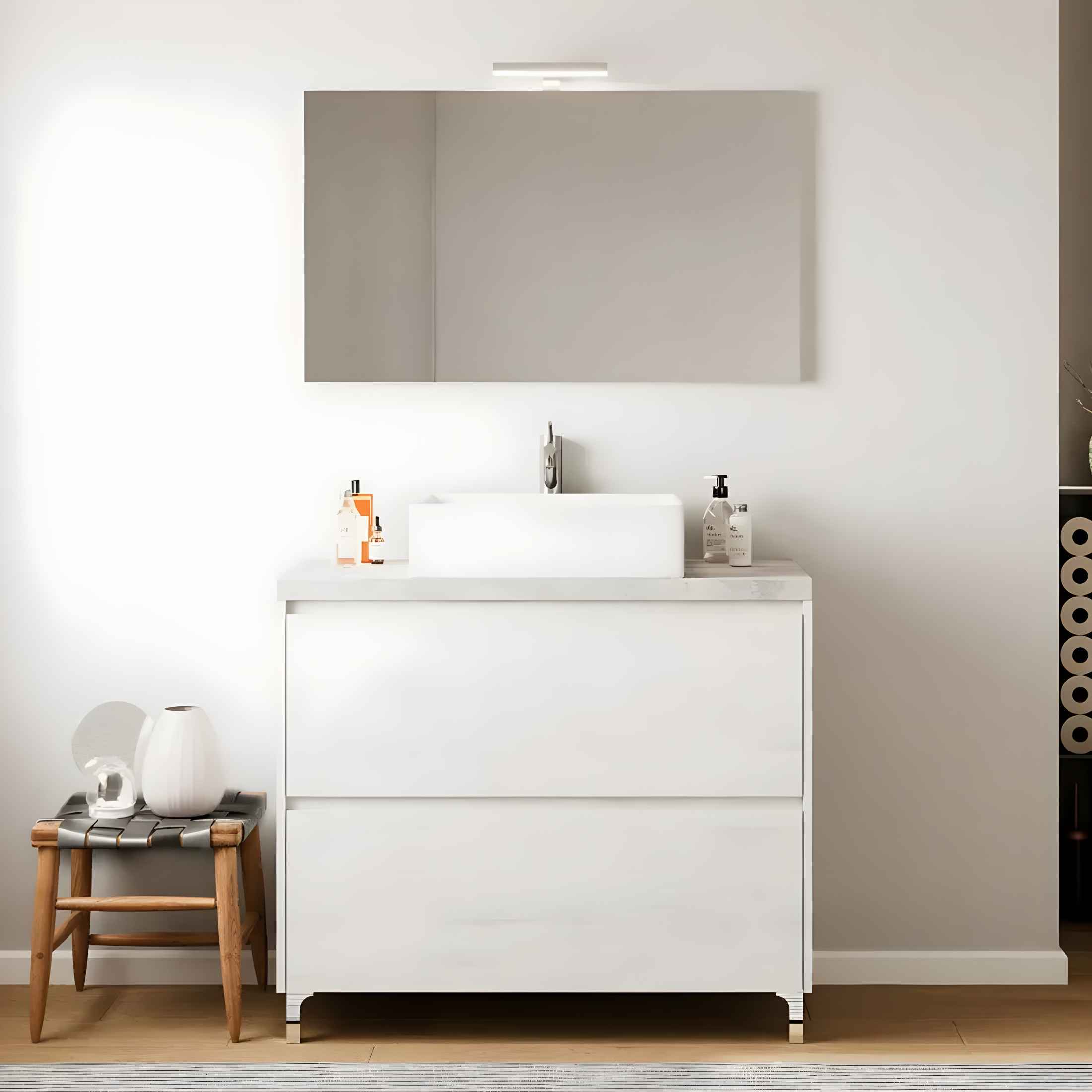 Modern wooden bathroom cabinet "Elorin" with LED mirror top and countertop sink