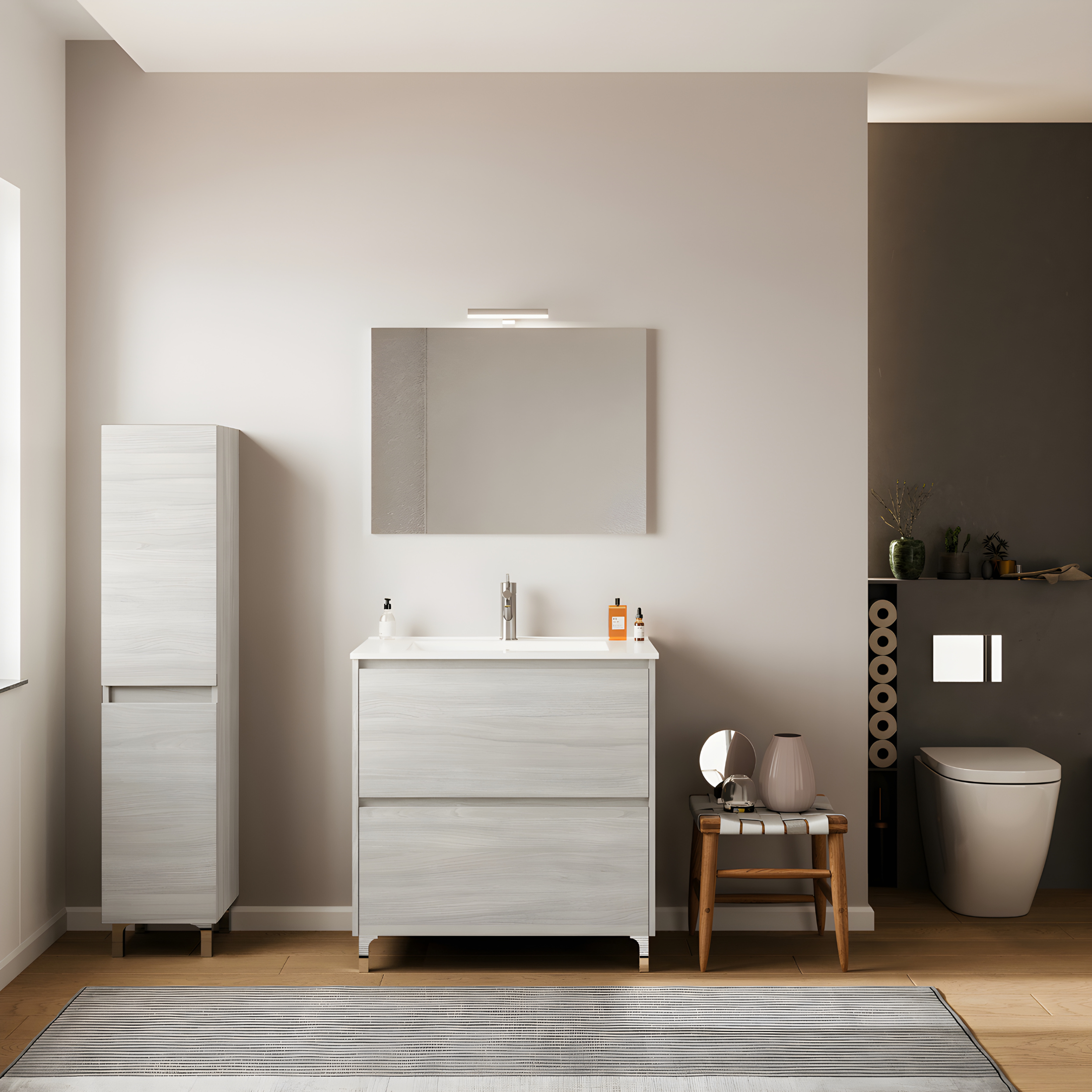 Modern "Elo" wooden bathroom cabinet with integrated sink and LED mirror