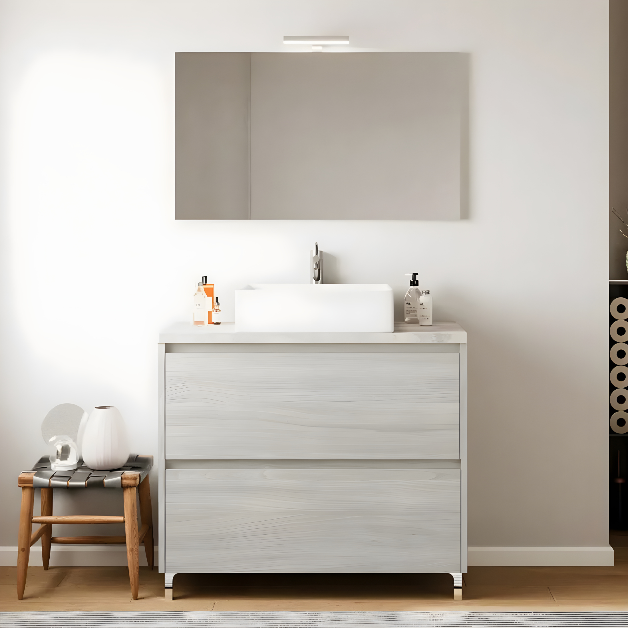 Modern wooden bathroom cabinet "Elorin" with LED mirror top and countertop sink