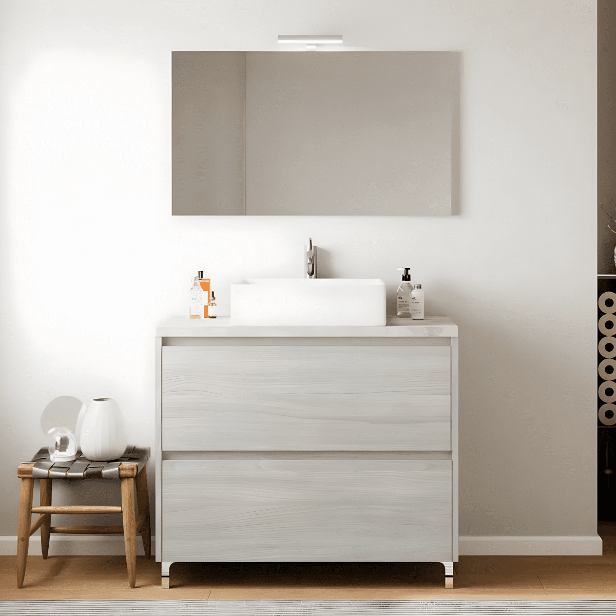 Mobile da bagno moderno in legno "Elorin" con top specchio LED e lavabo da appoggio - MondoViro