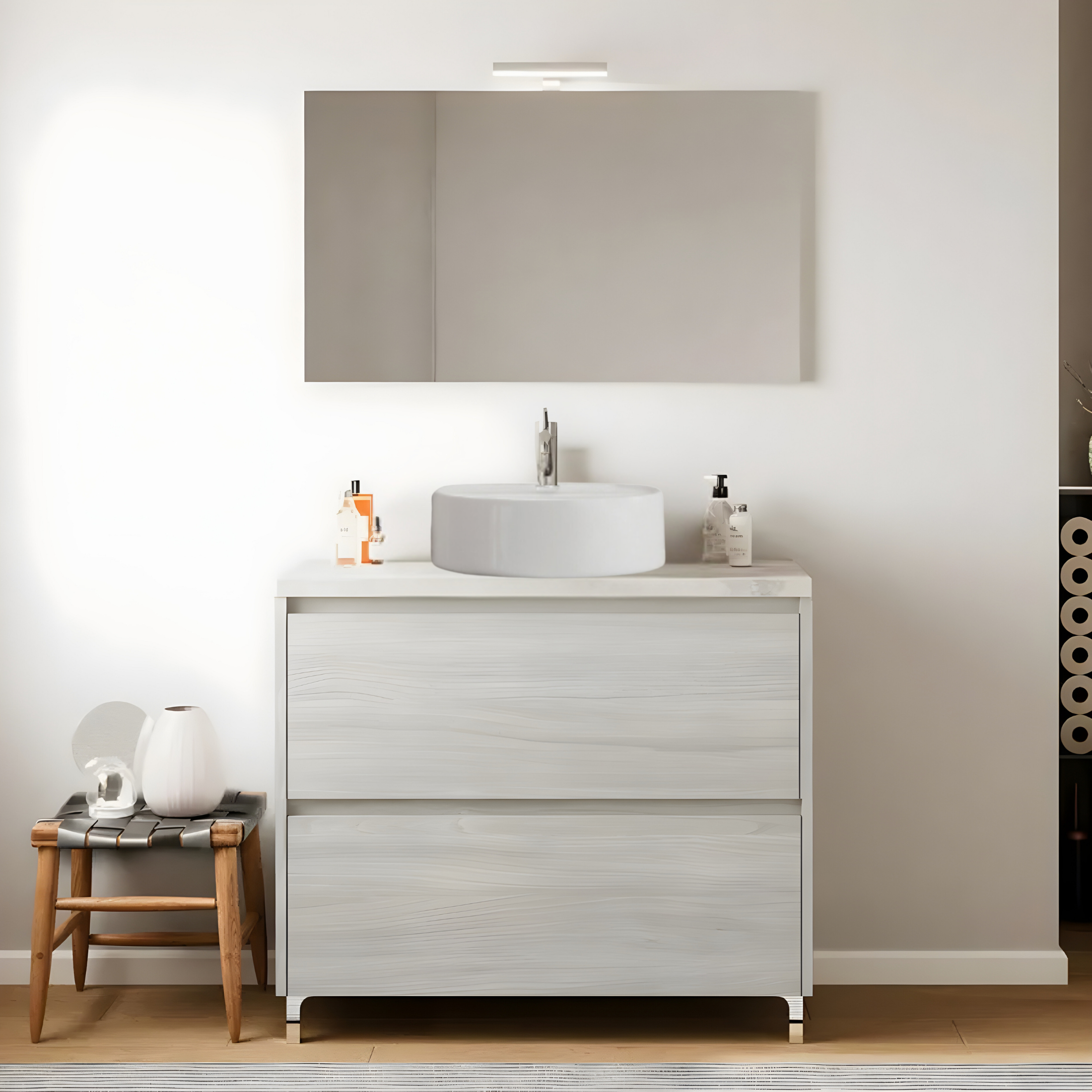 Modern wooden bathroom cabinet "Elorin" with LED mirror top and countertop sink