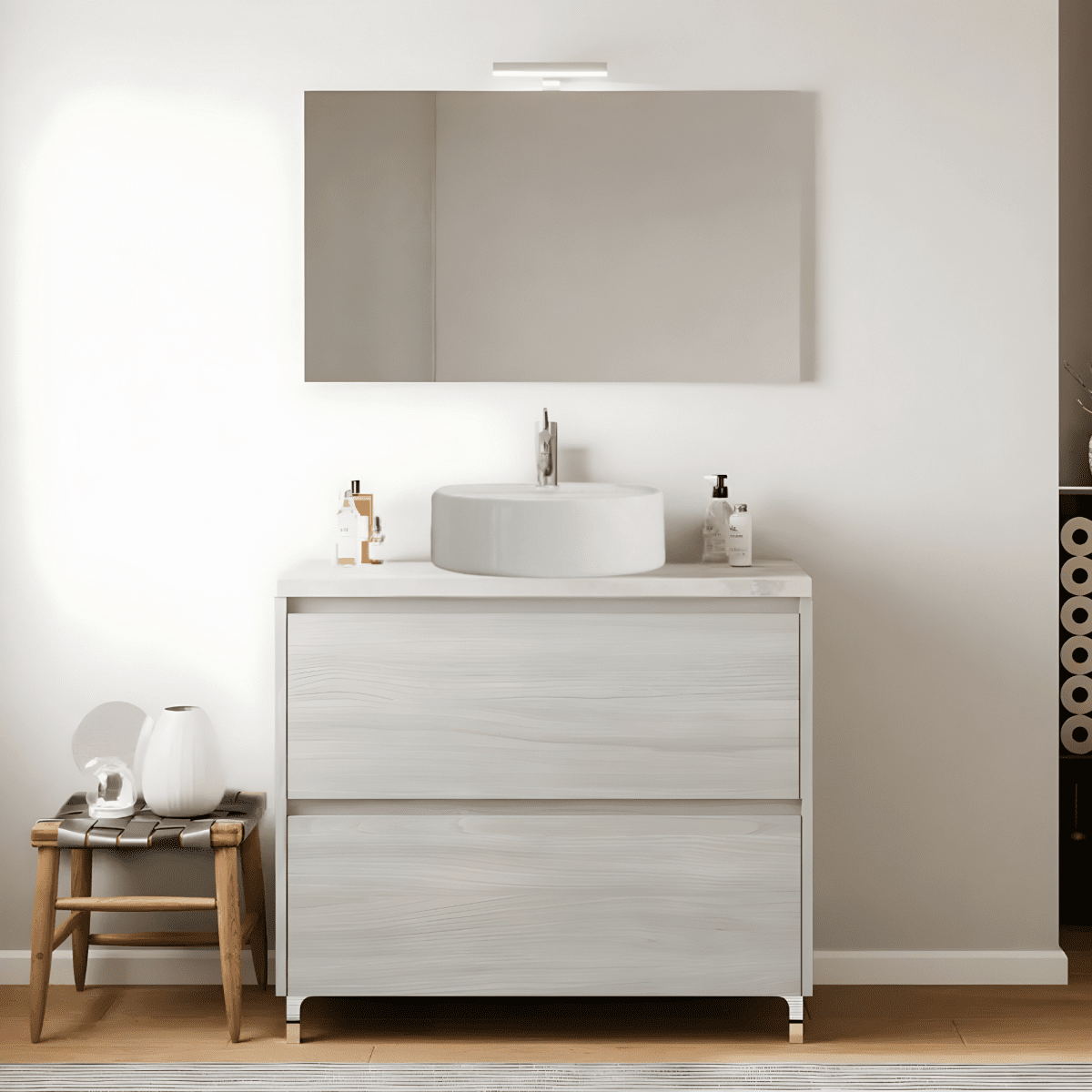 Mobile da bagno moderno in legno "Elorin" con top specchio LED e lavabo da appoggio - MondoViro