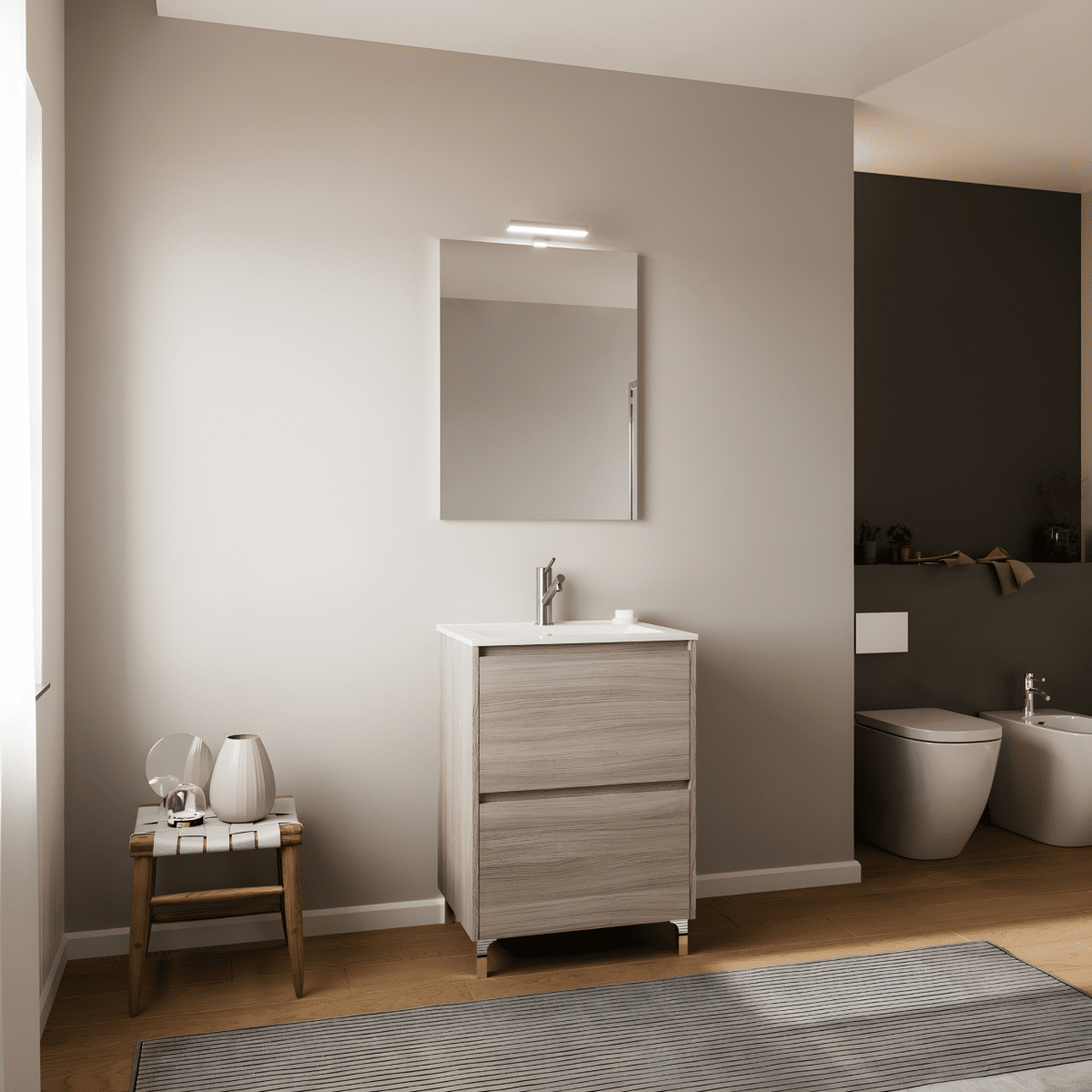 Mobile da bagno moderno "Elo" in legno con lavabo integrato e specchio LED - MondoViro