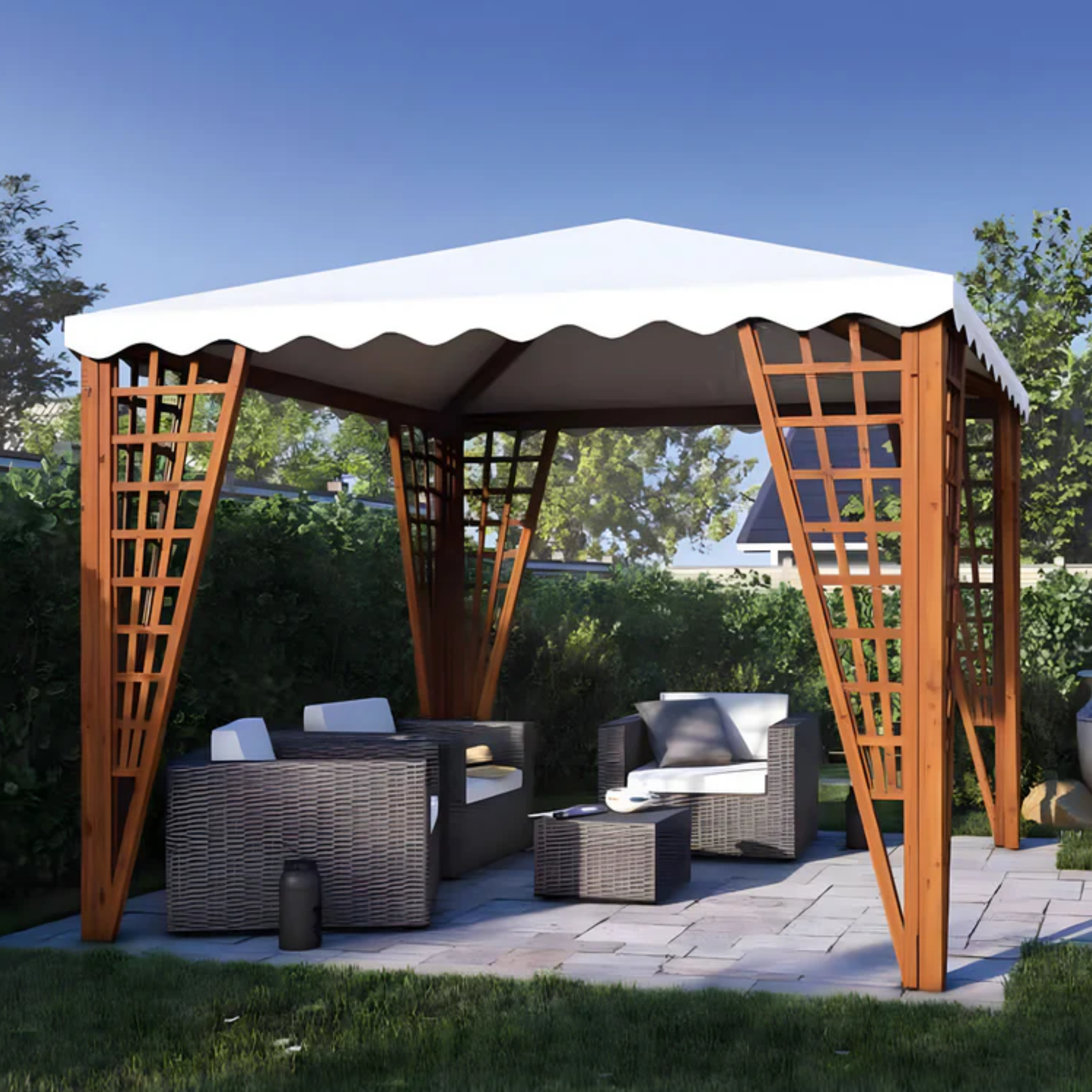 "Malibù" gazebo in conifer wood and white PVC covering with decorative grilles 300x300 cm 260h