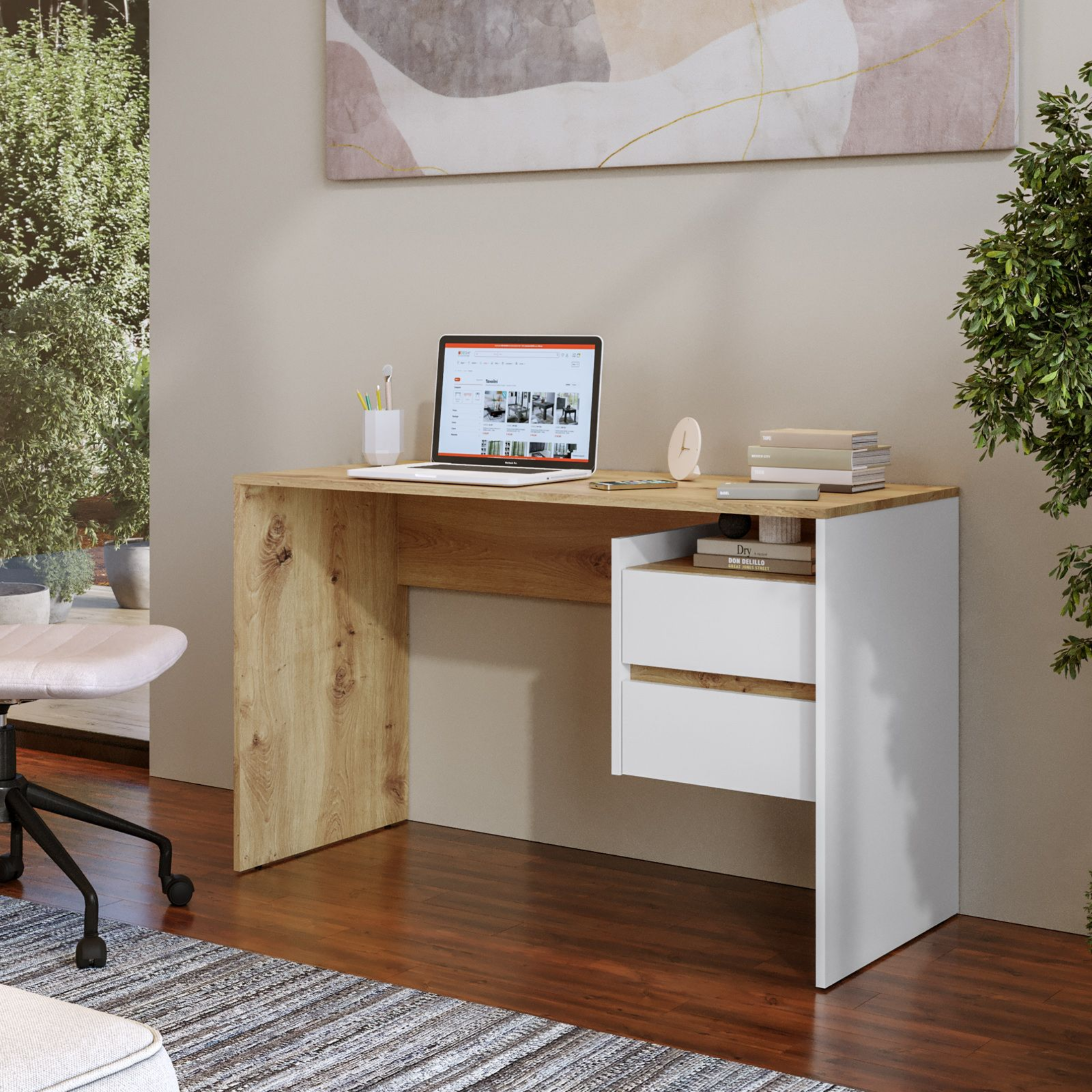 "Fifo" linear wooden desk with 2 modern drawers, 125x51 cm, 75 cm high.