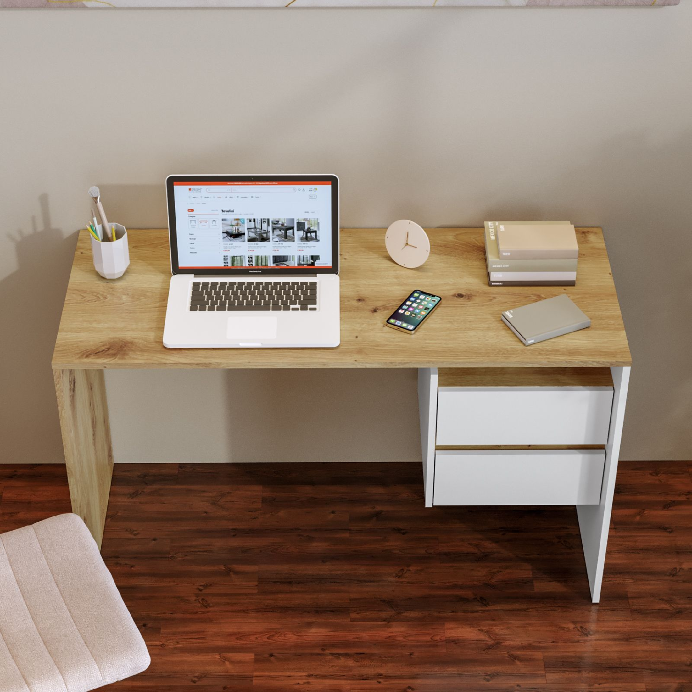 "Fifo" linear wooden desk with 2 modern drawers, 125x51 cm, 75 cm high.