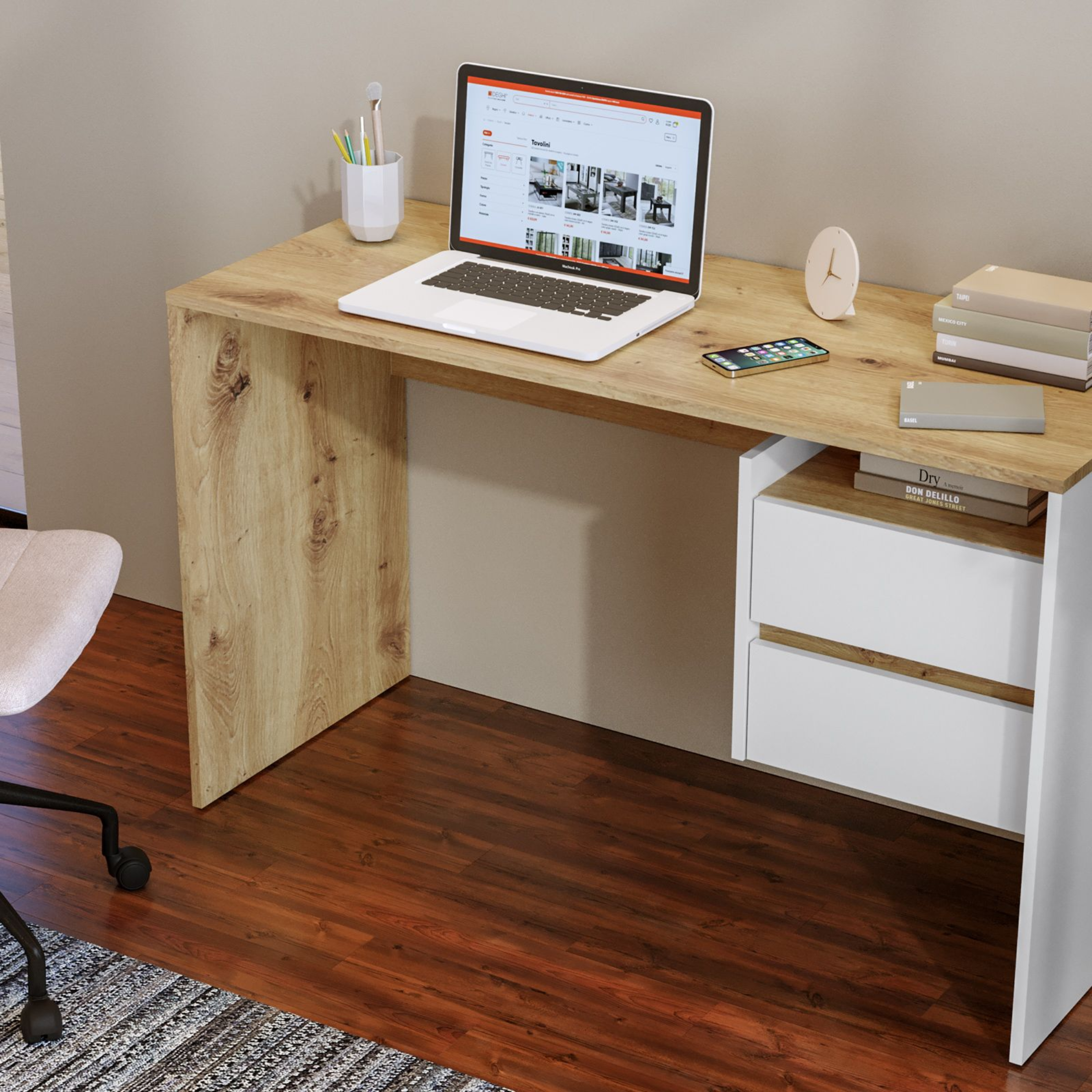 "Fifo" linear wooden desk with 2 modern drawers, 125x51 cm, 75 cm high.