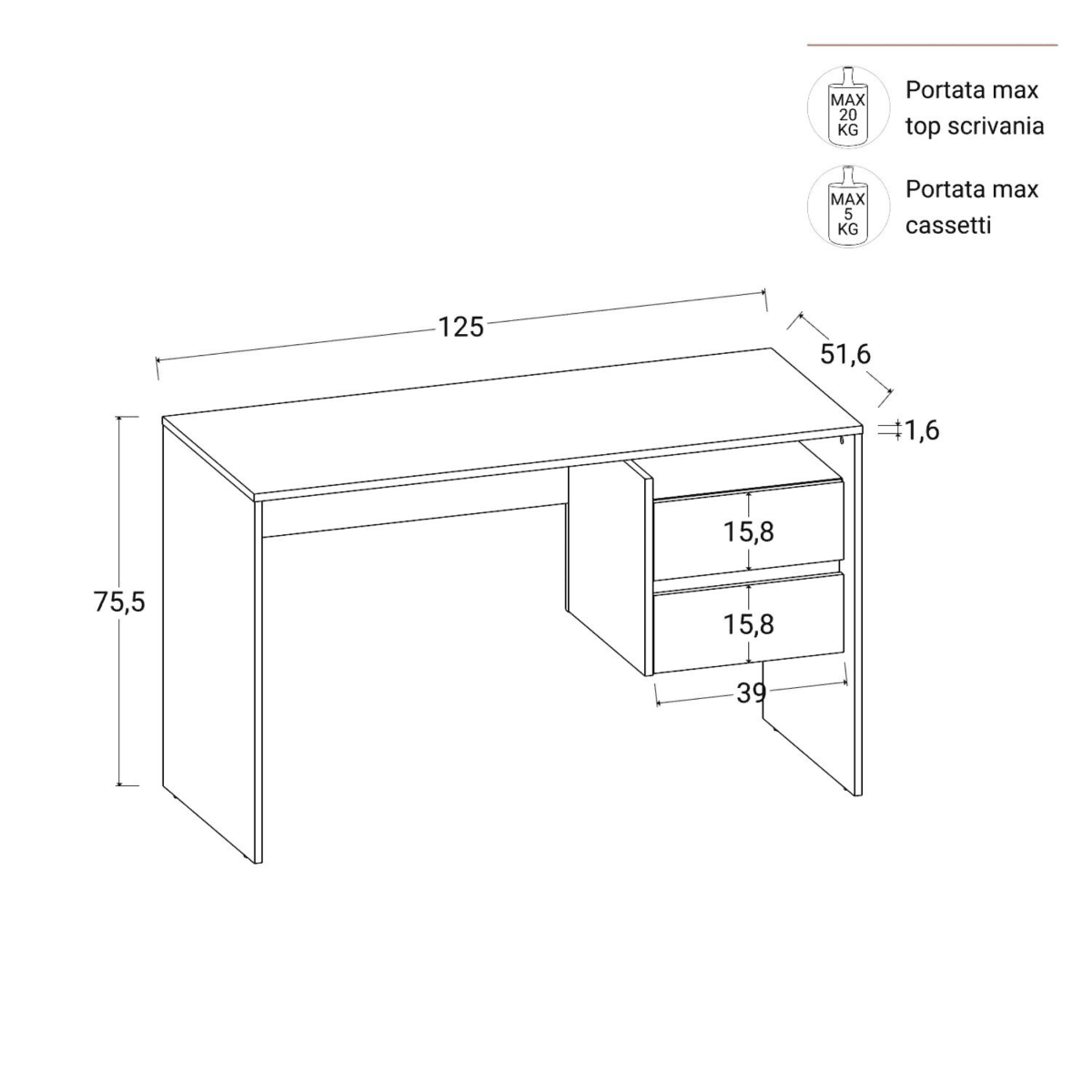 Scrivania lineare in legno "Fifo" con 2 cassetti moderna cm 125x51 75h - MondoViro