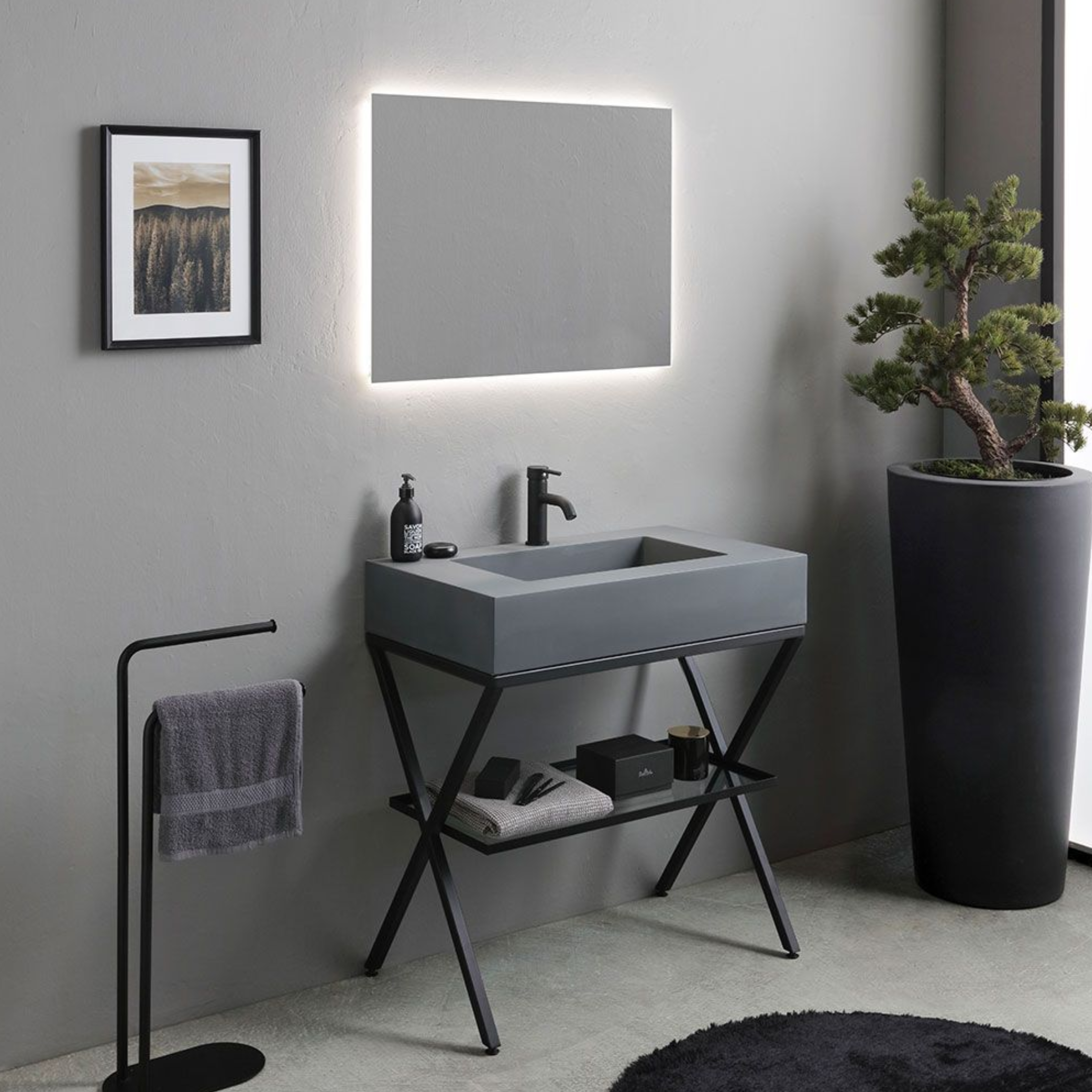 Mobile bagno a terra resina grigio "Figi" 80 cm con lavabo grigio e specchio rettangolare LED retroilluminato