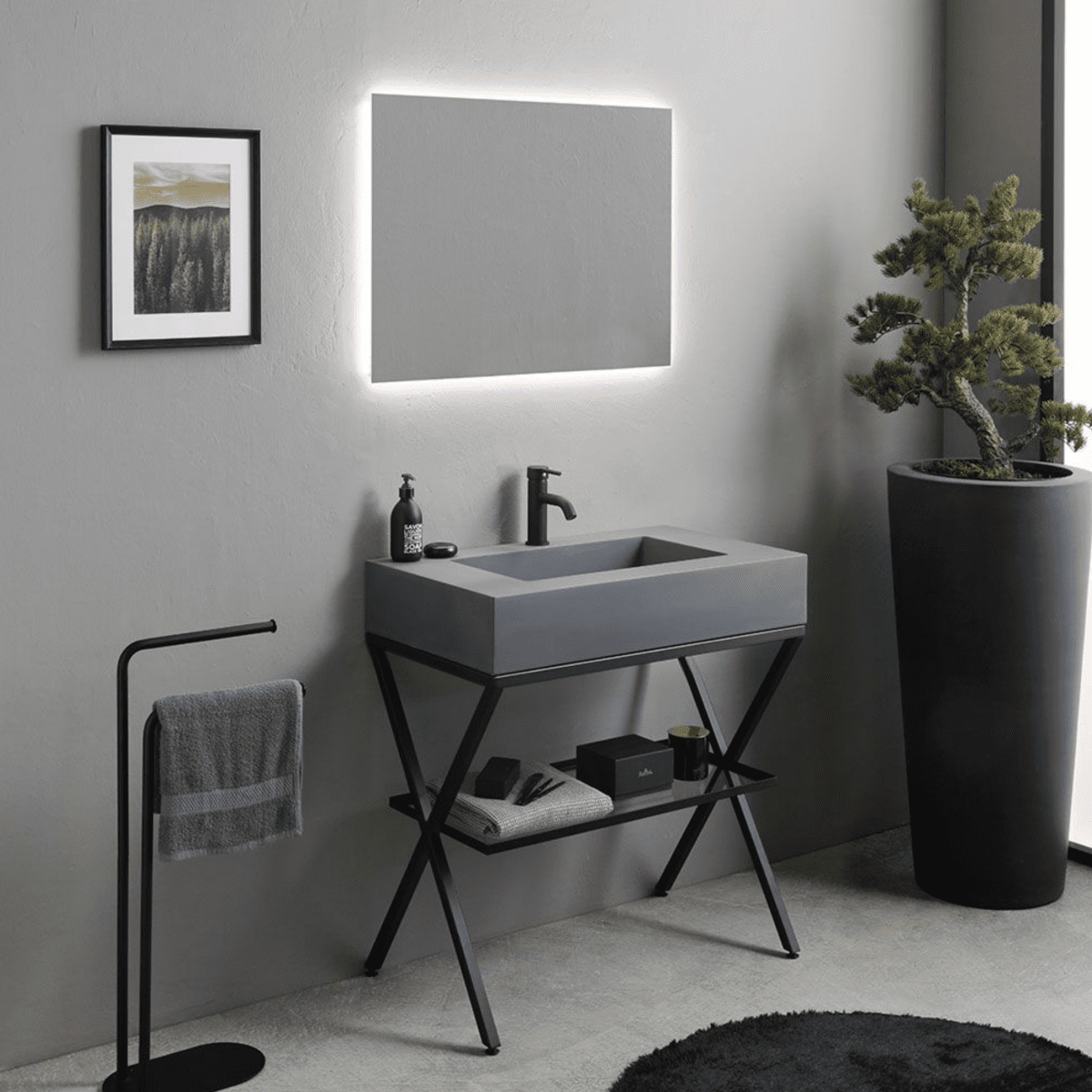 Mobile bagno a terra resina grigio "Figi" 80 cm con lavabo grigio e specchio rettangolare LED retroilluminato - MondoViro