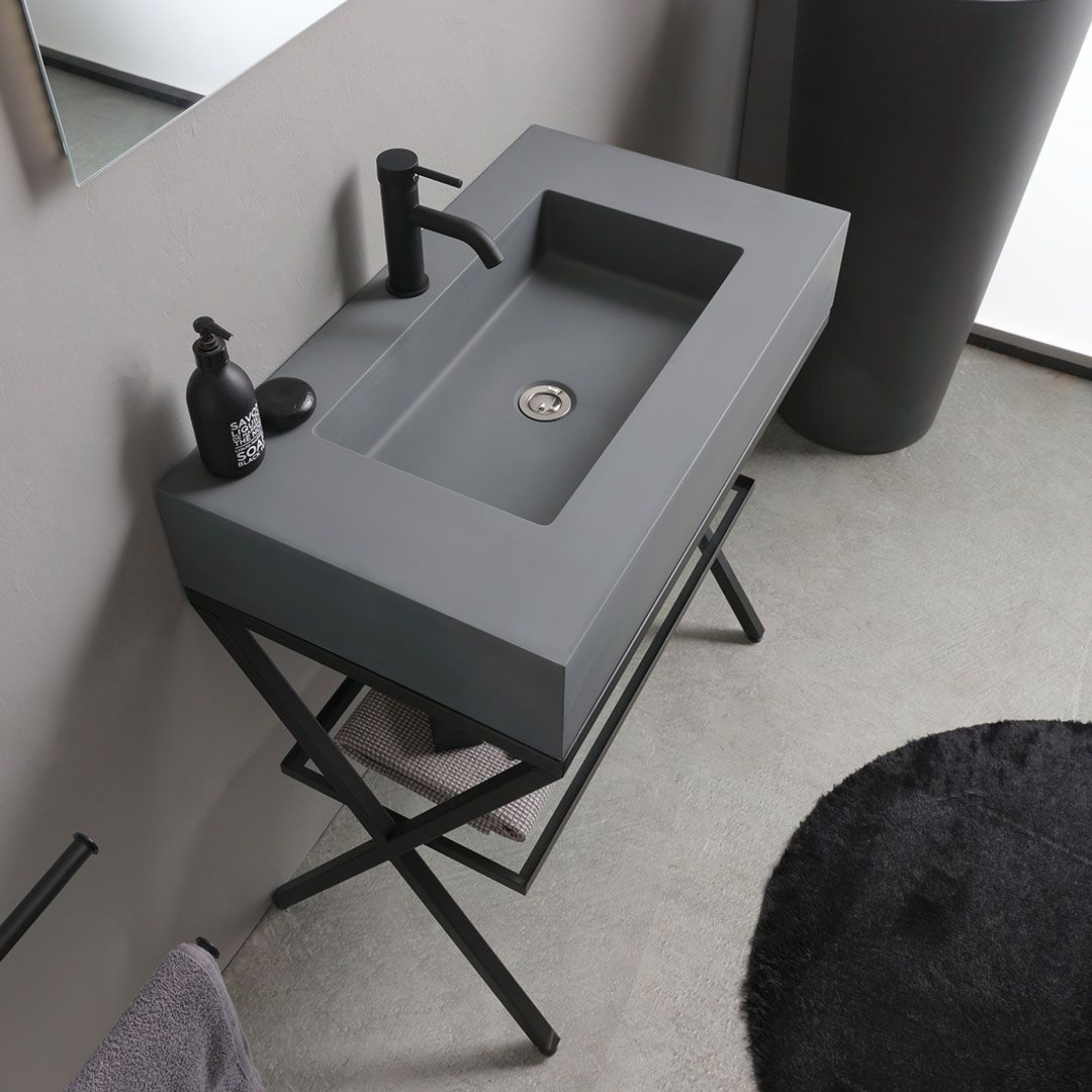 "Figi" 80cm grey resin floor-standing bathroom cabinet with grey sink and rectangular LED backlit mirror