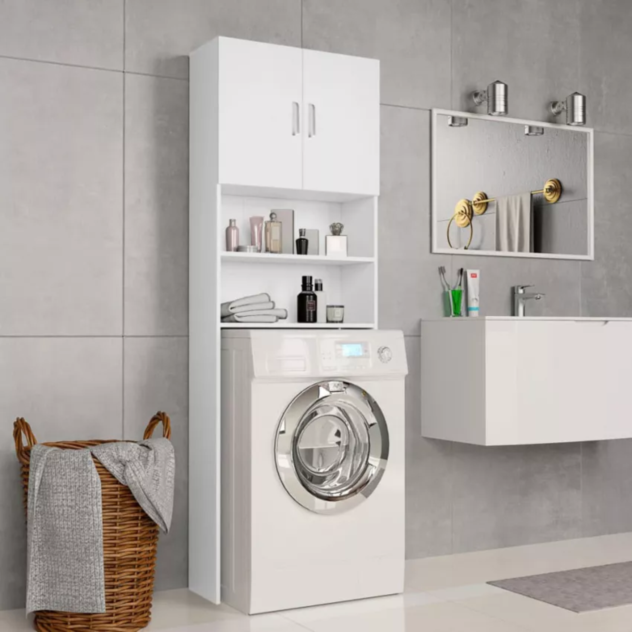 "Garda" space-saving washing machine cabinet with 2 doors and 2 shelves, white, 62x23 cm, 196 cm high.