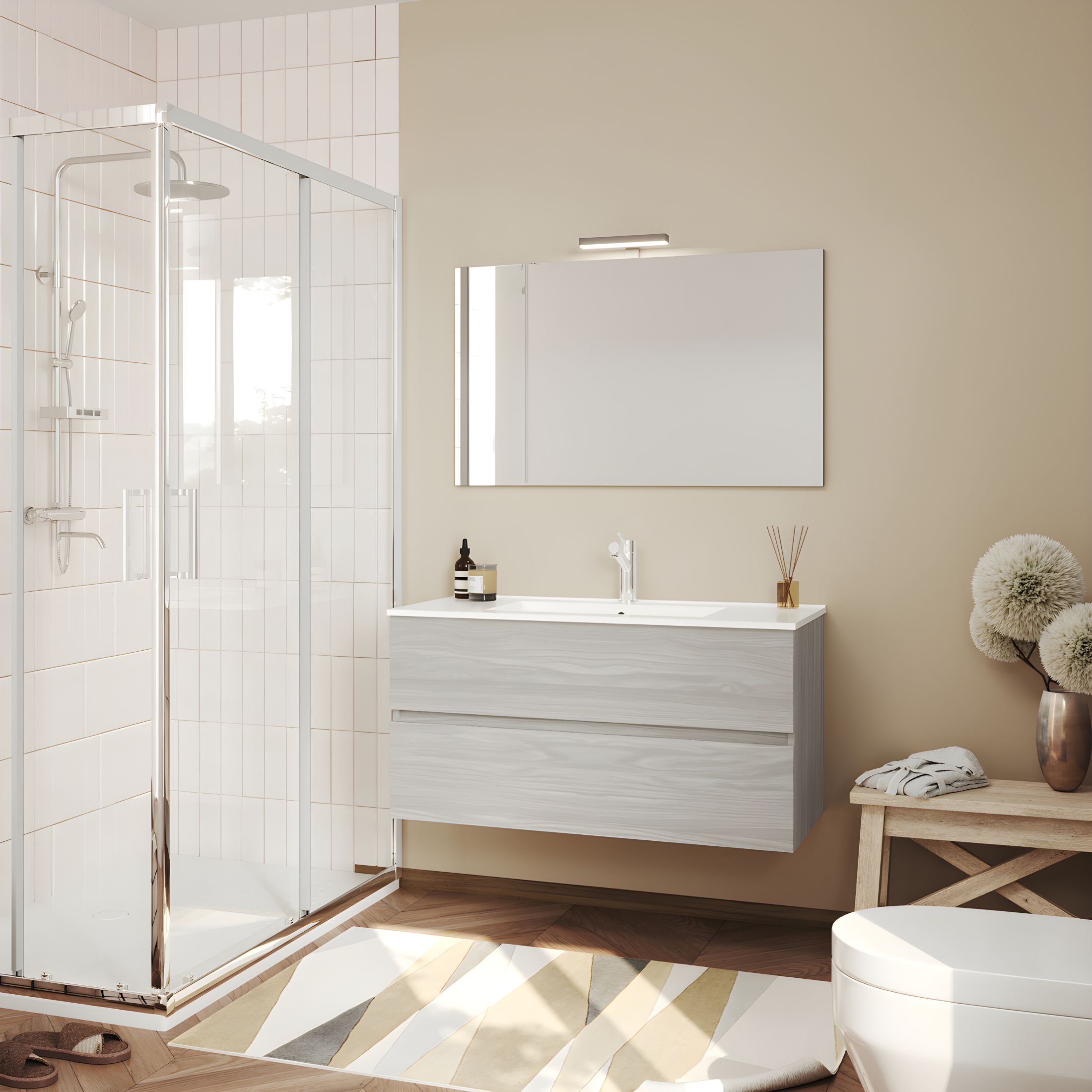Modern wall-hung bathroom furniture "Tara" with 2 drawers, built-in sink and LED mirror