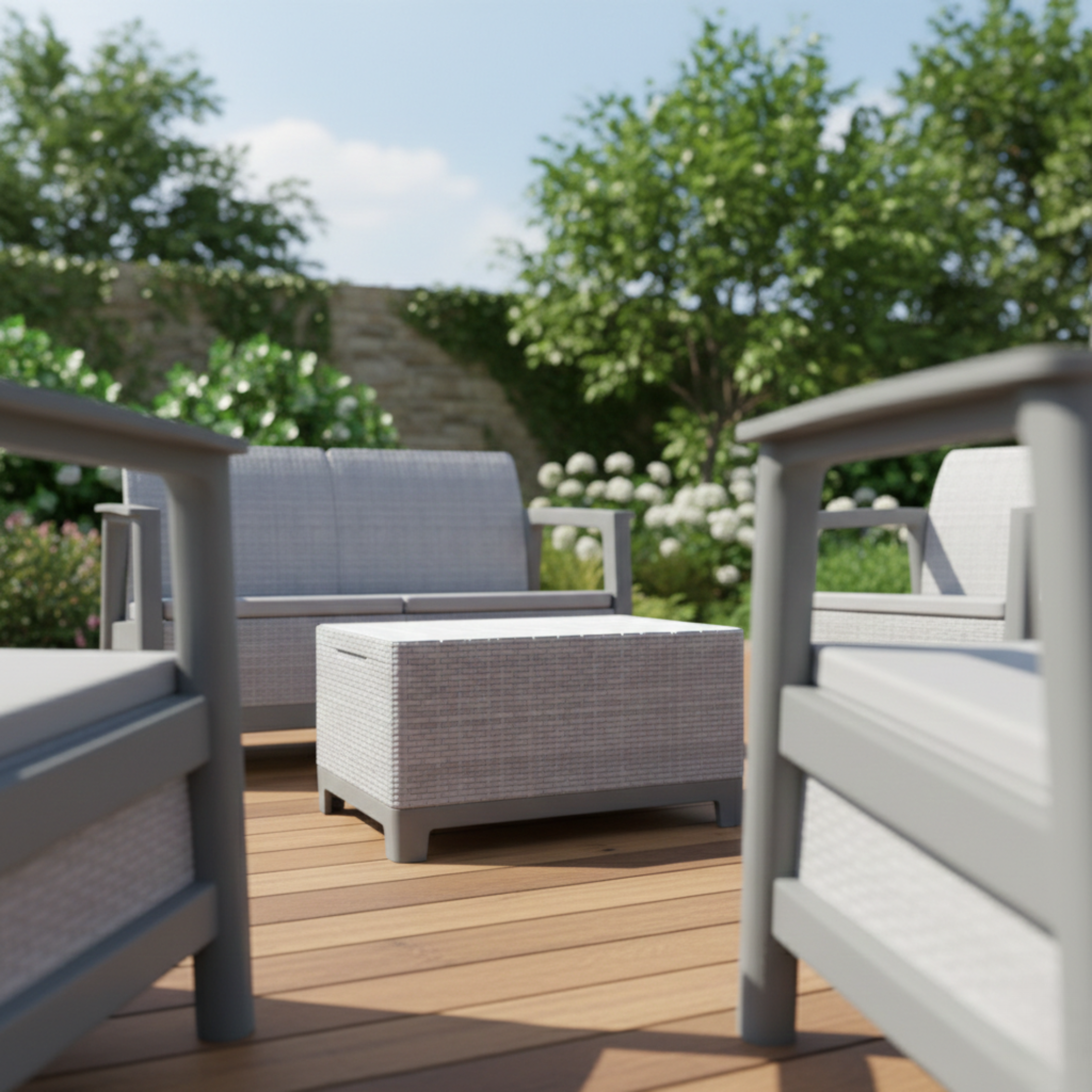 Set salottino da esterno "Fioralba" con 2 poltrone, divano e tavolino contenitore