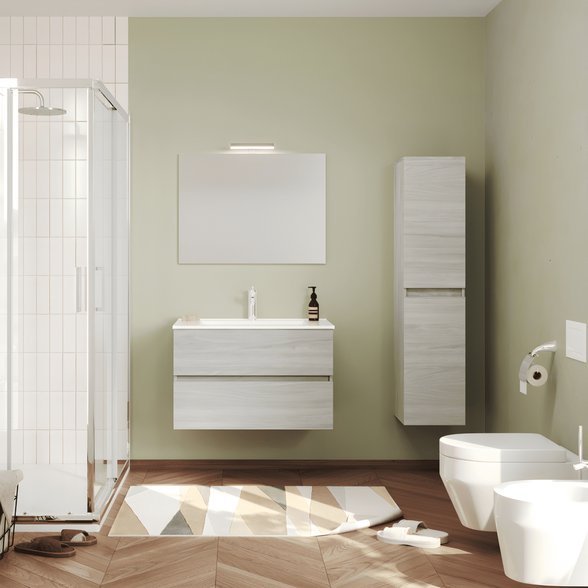 Mobili da bagno sospeso moderno "Tara" con 2 cassetti , lavabo da incasso e specchio LED - MondoViro