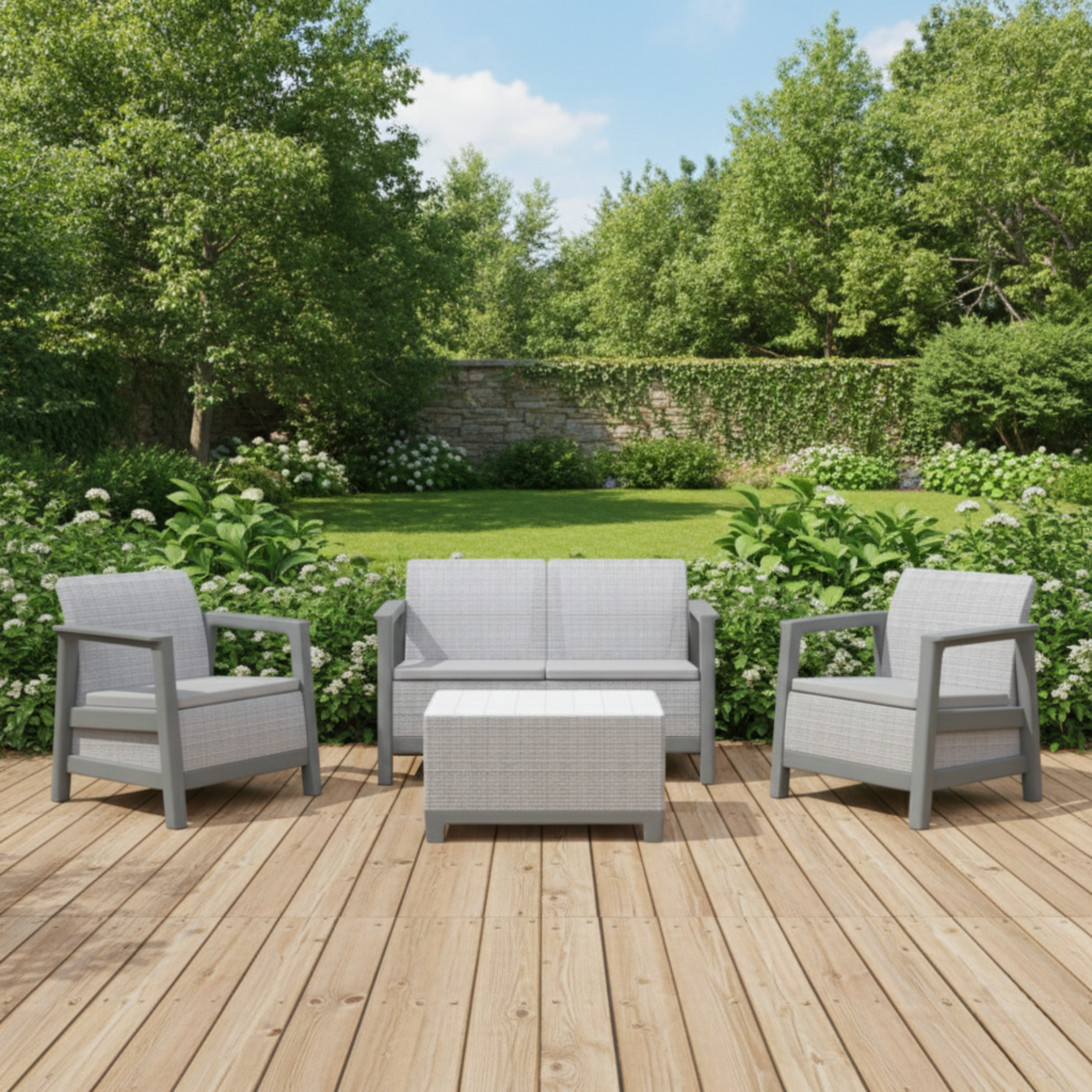 Set salottino da esterno "Fioralba" con 2 poltrone, divano e tavolino contenitore