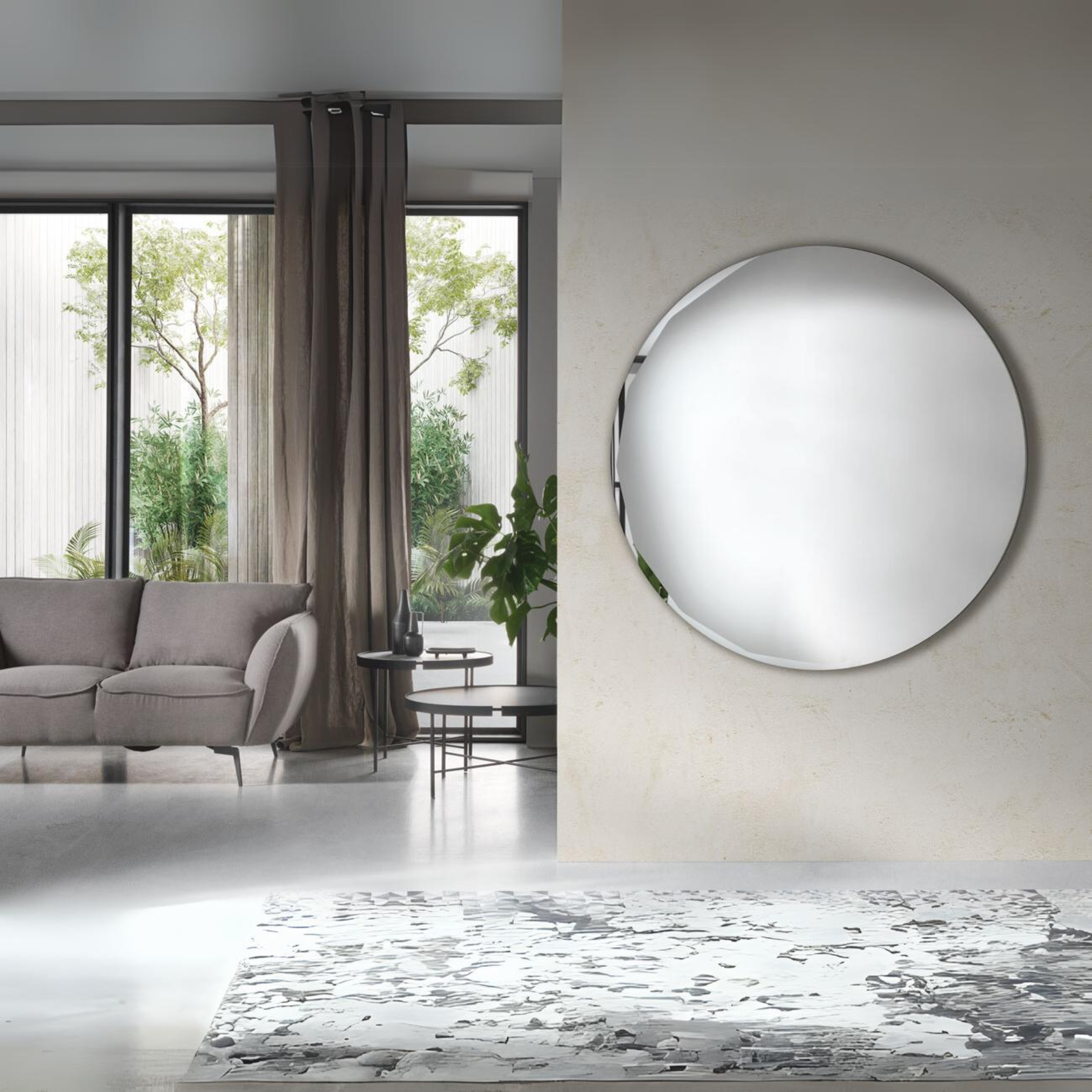 "Pretty" modern round wall mirror with side bevel detail