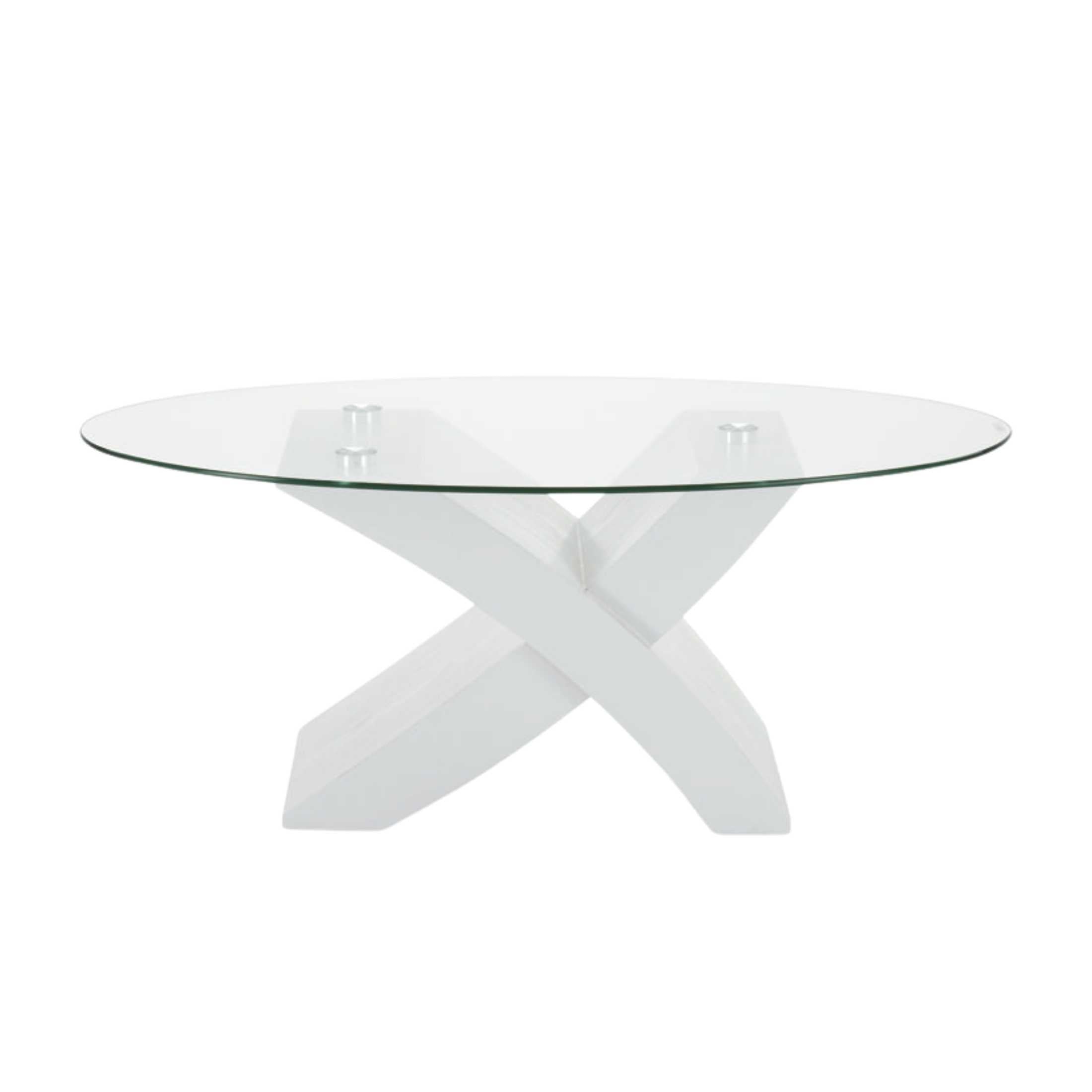 "Jeda" oval glass coffee table with wooden base, 110x59 cm, 45 cm high.