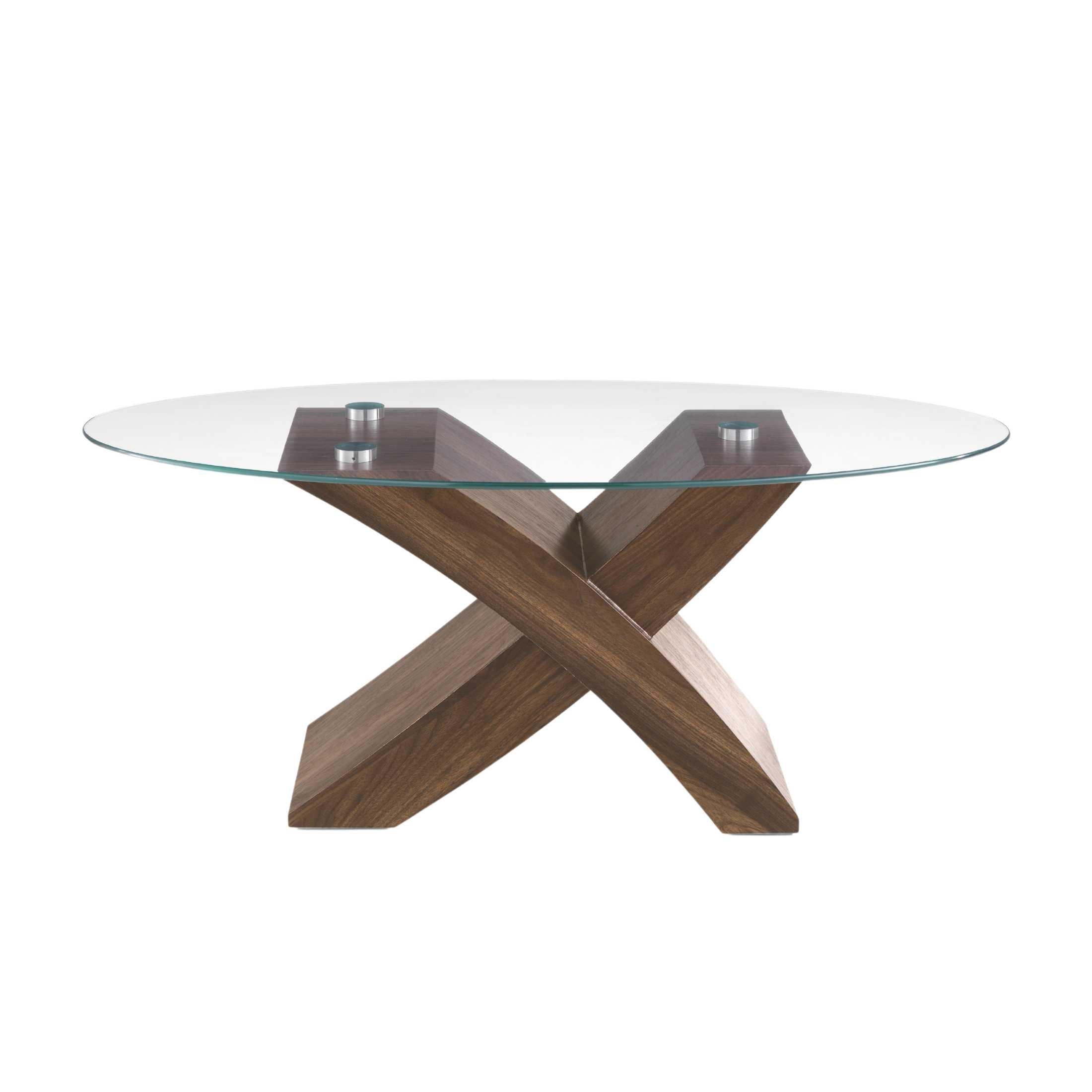 "Jeda" oval glass coffee table with wooden base, 110x59 cm, 45 cm high.