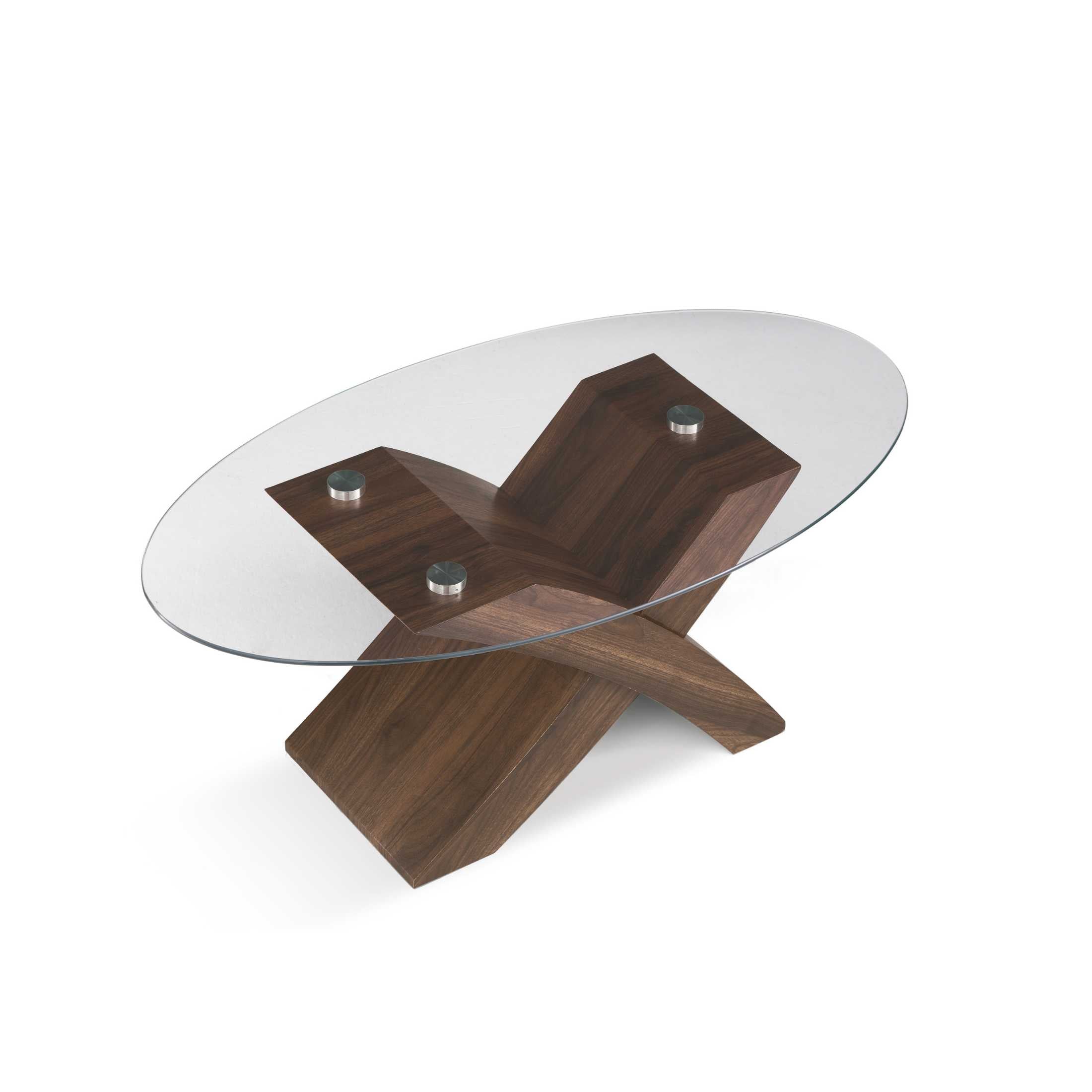 "Jeda" oval glass coffee table with wooden base, 110x59 cm, 45 cm high.