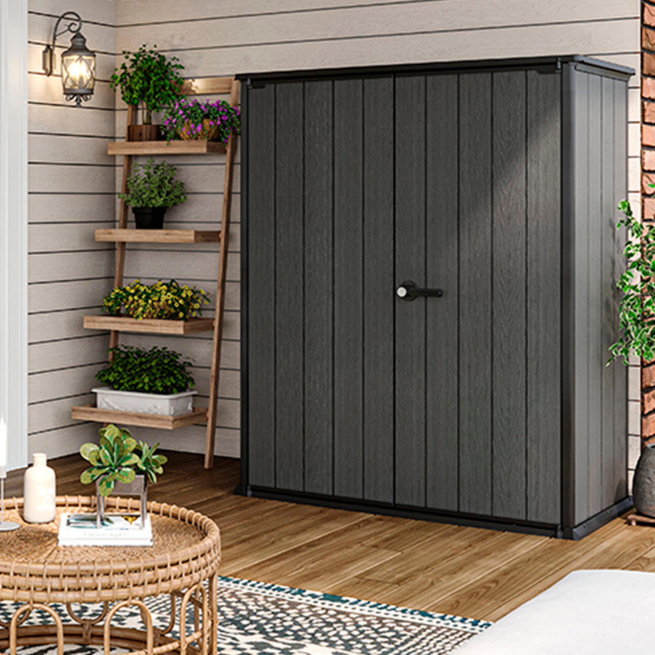 "Gnome" outdoor tool shed, grey, wood effect, spacious and resistant, 140x73.6 cm, 170.4 cm high