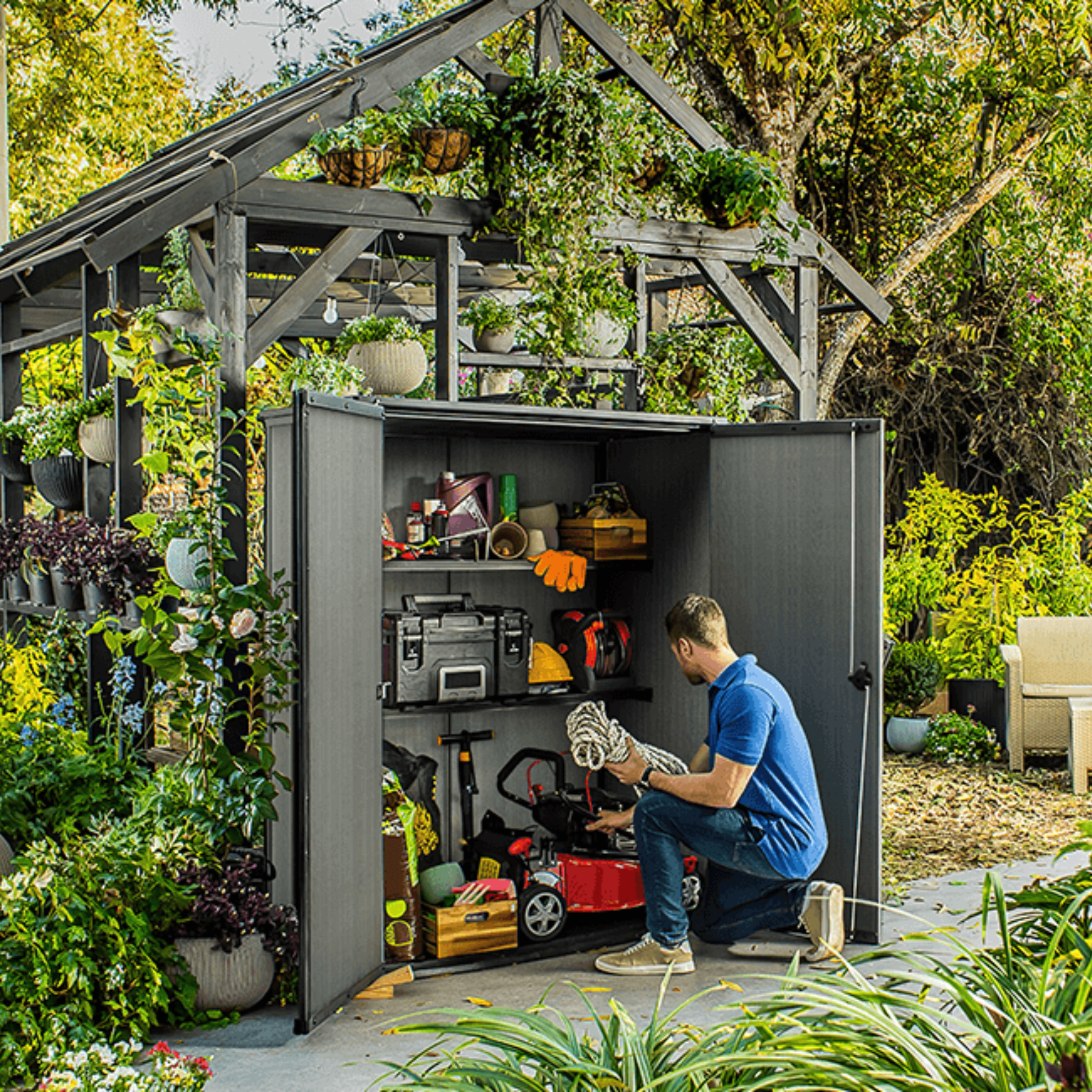 "Gnome" outdoor tool shed, grey, wood effect, spacious and resistant, 140x73.6 cm, 170.4 cm high