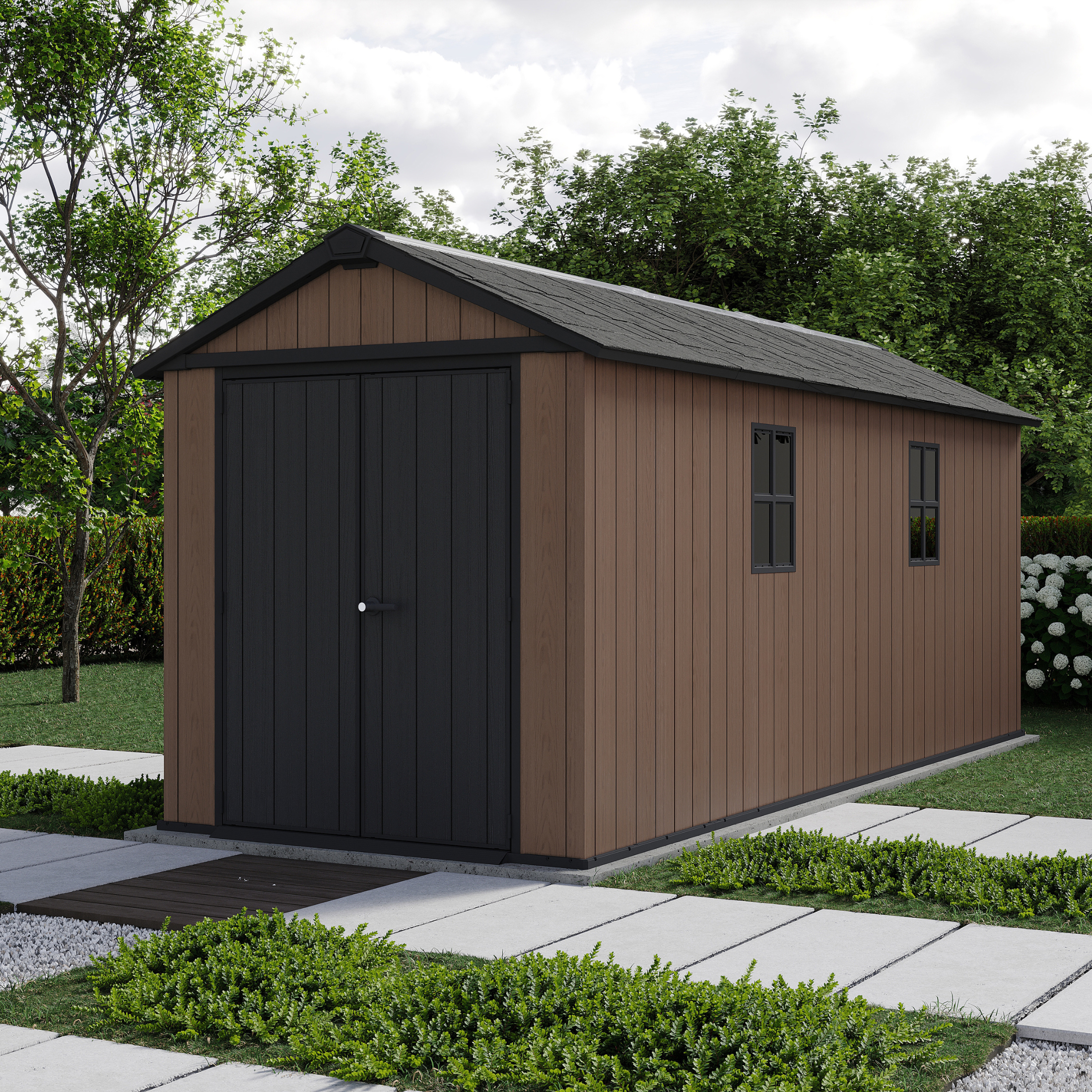 Evotech "Nido Plus 7517/1775" garden shed in brown with two mounting options