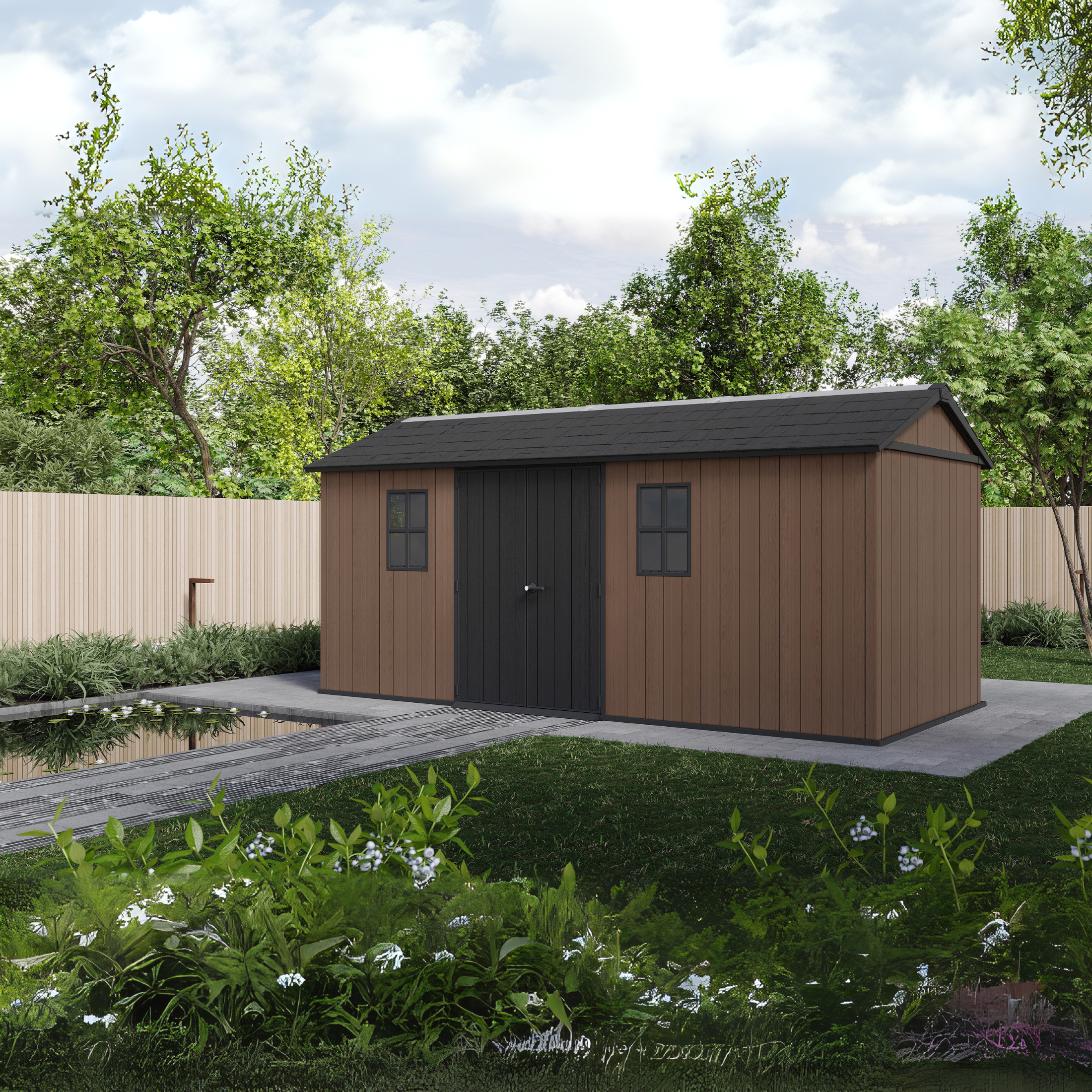 Evotech "Nido Plus 7517/1775" garden shed in brown with two mounting options
