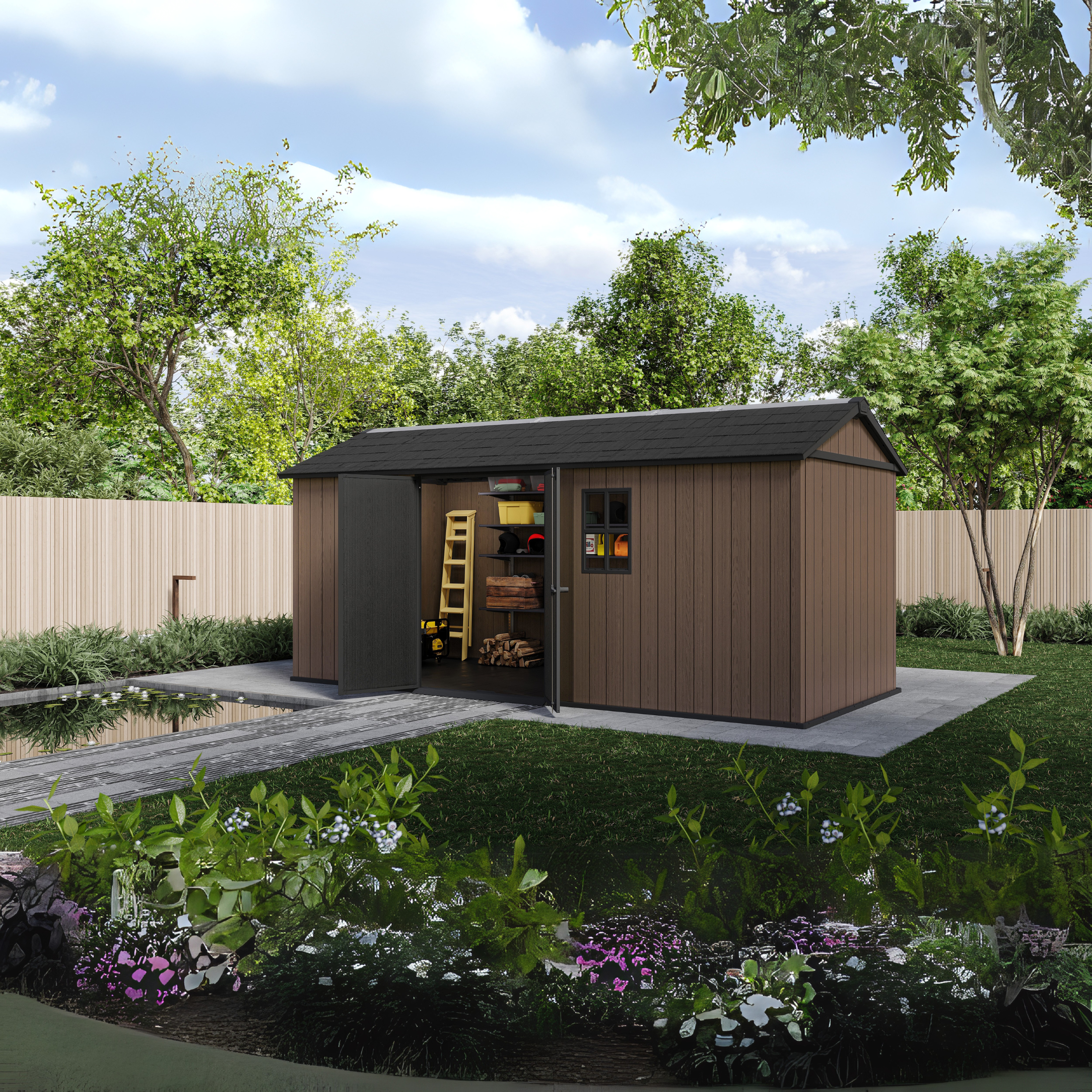 Evotech "Nido Plus 7517/1775" garden shed in brown with two mounting options