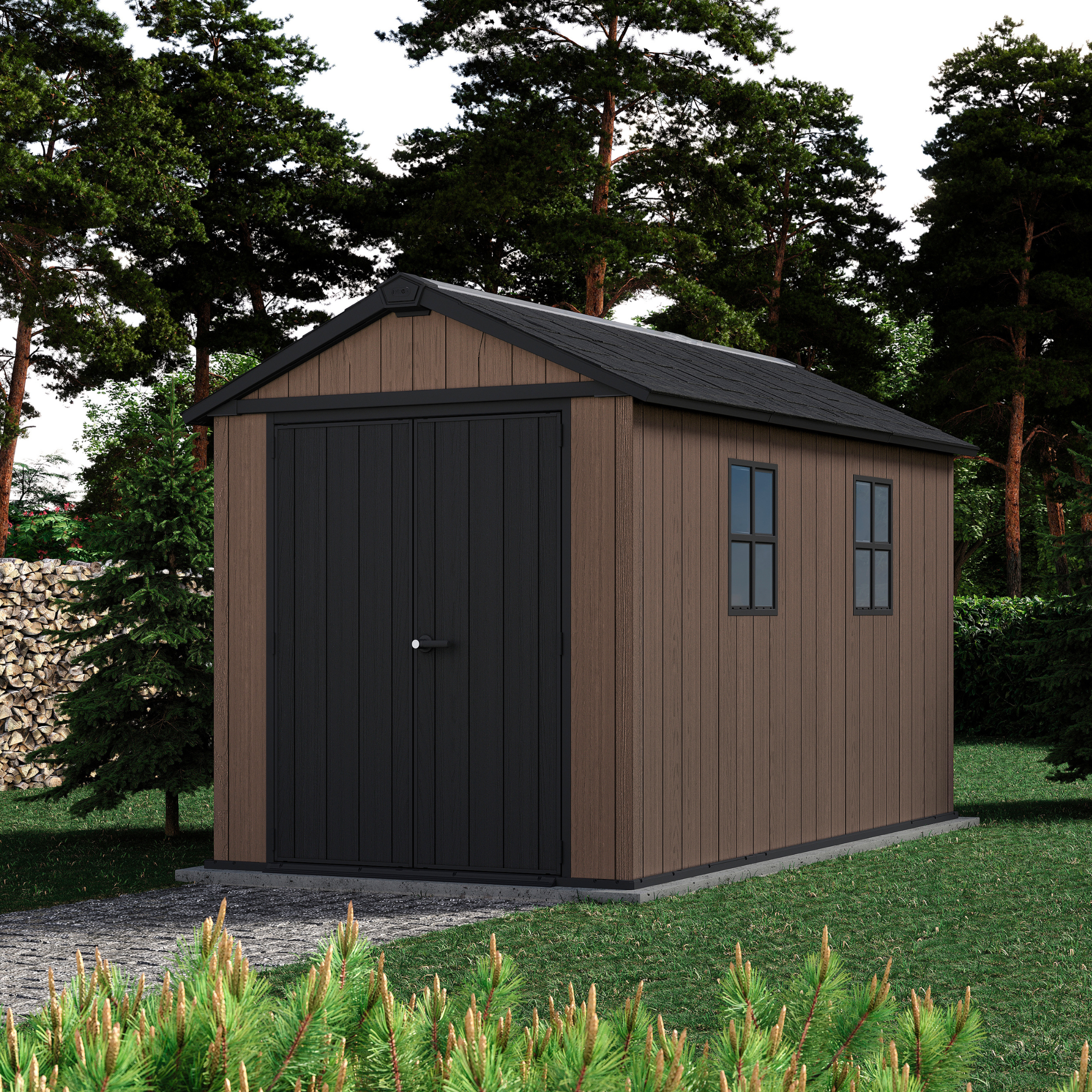Evotech "Nido Plus 7511/1175" garden shed in brown with two mounting options