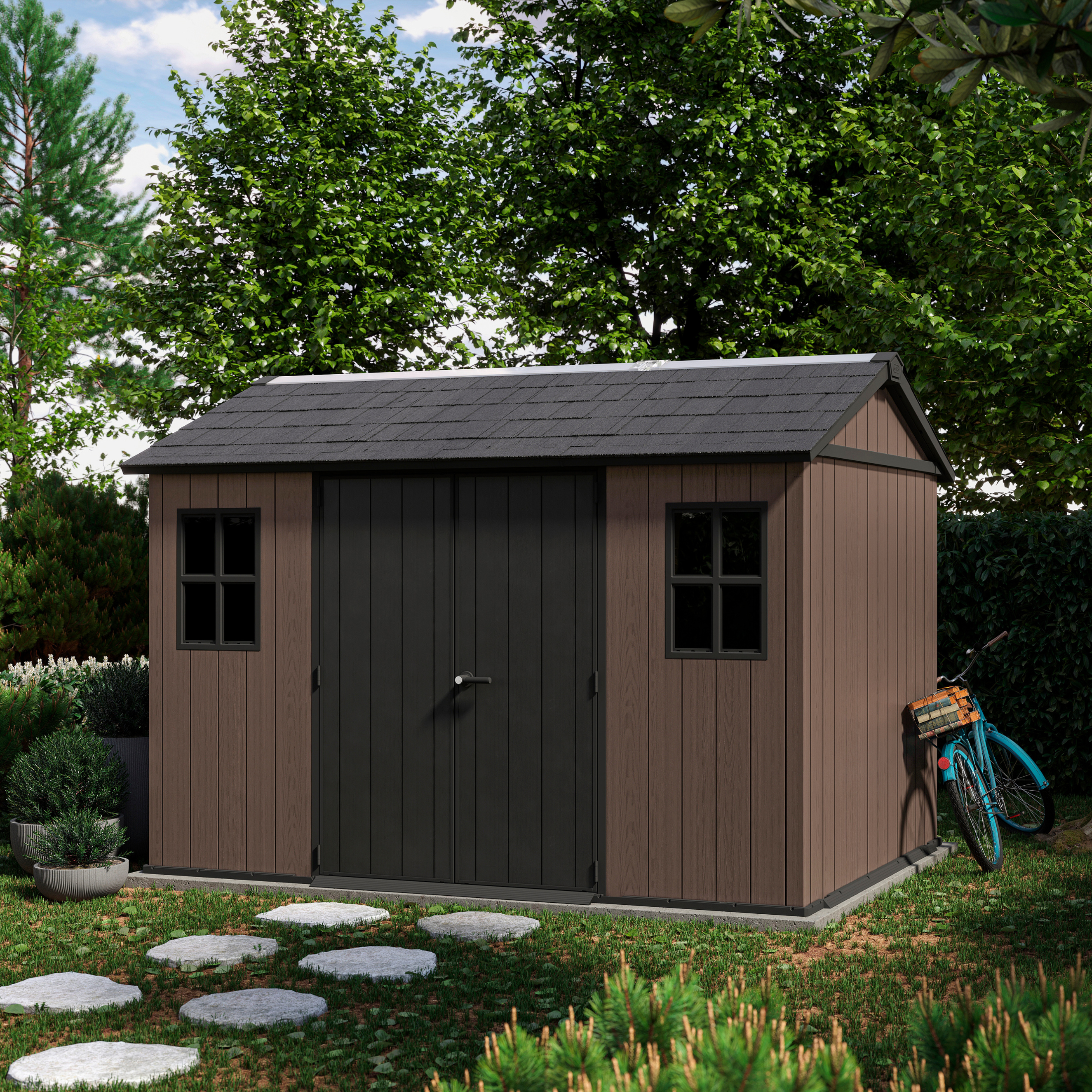 Evotech "Nido Plus 7511/1175" garden shed in brown with two mounting options