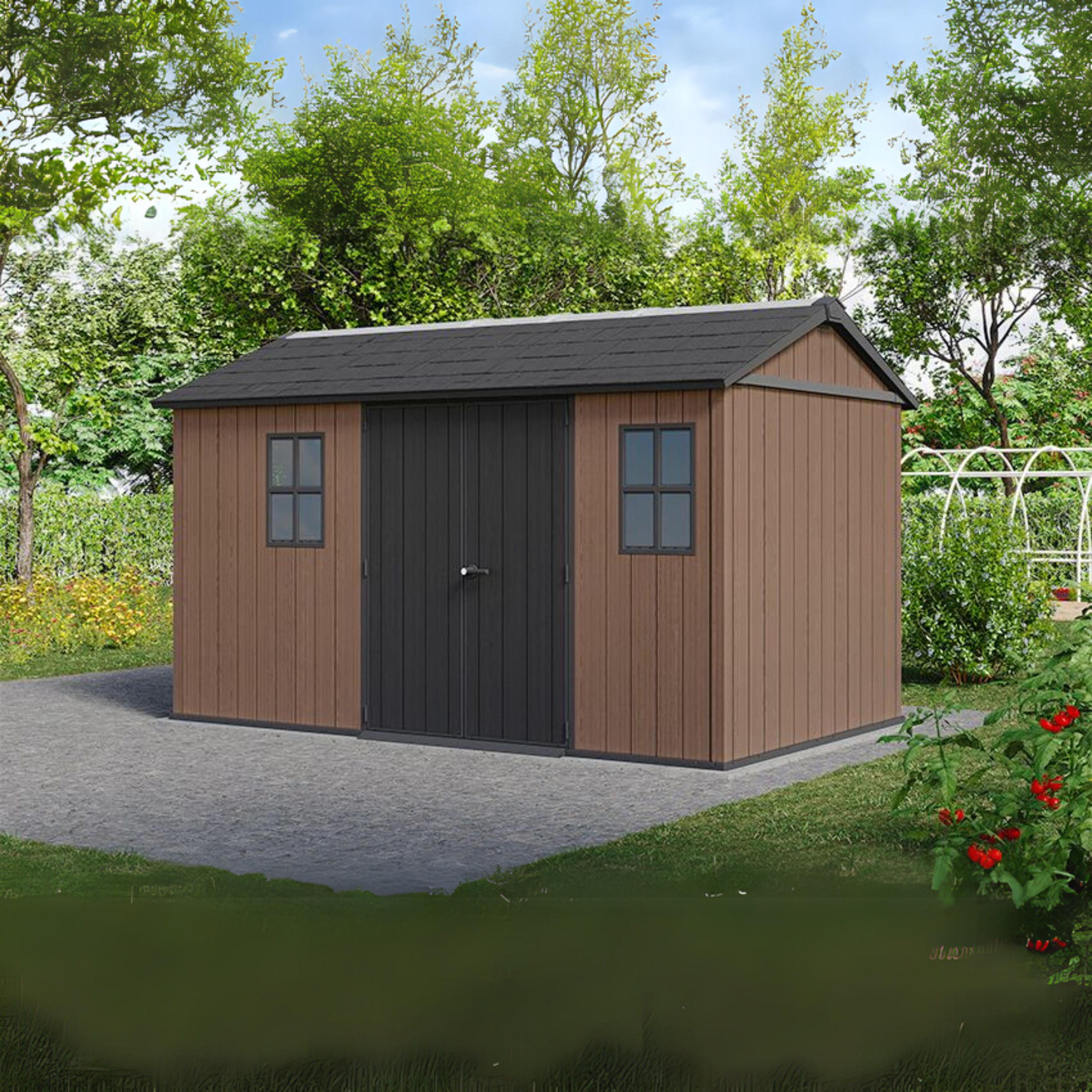Evotech "Nido Plus 7513/1375" garden shed in brown with two mounting options