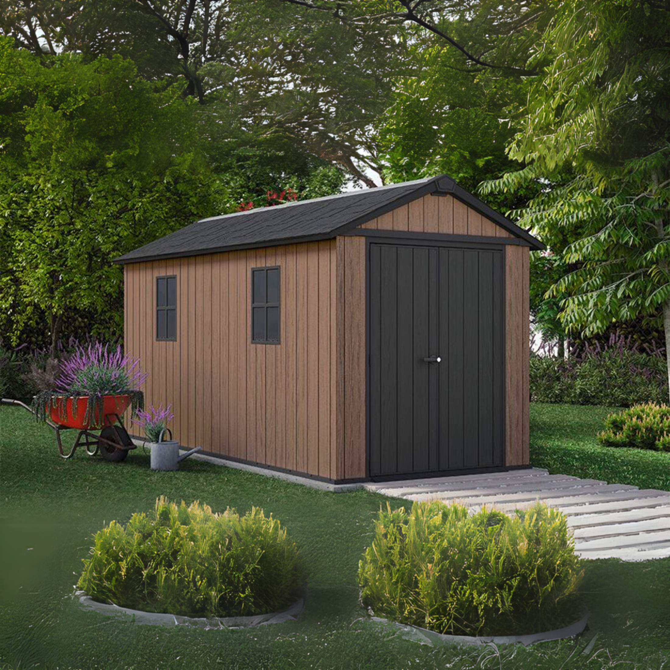 Evotech "Nido Plus 7513/1375" garden shed in brown with two mounting options