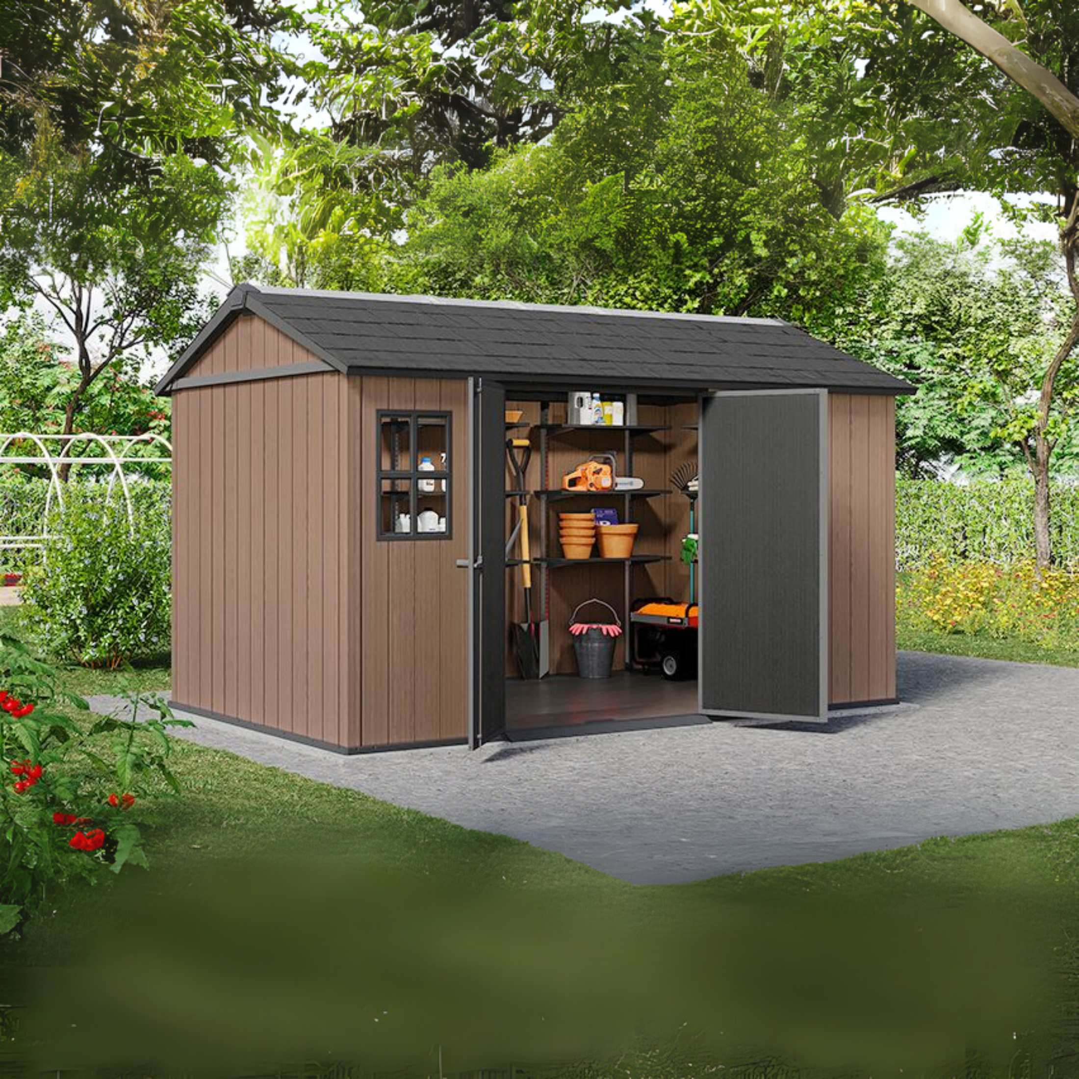 Evotech "Nido Plus 7513/1375" garden shed in brown with two mounting options