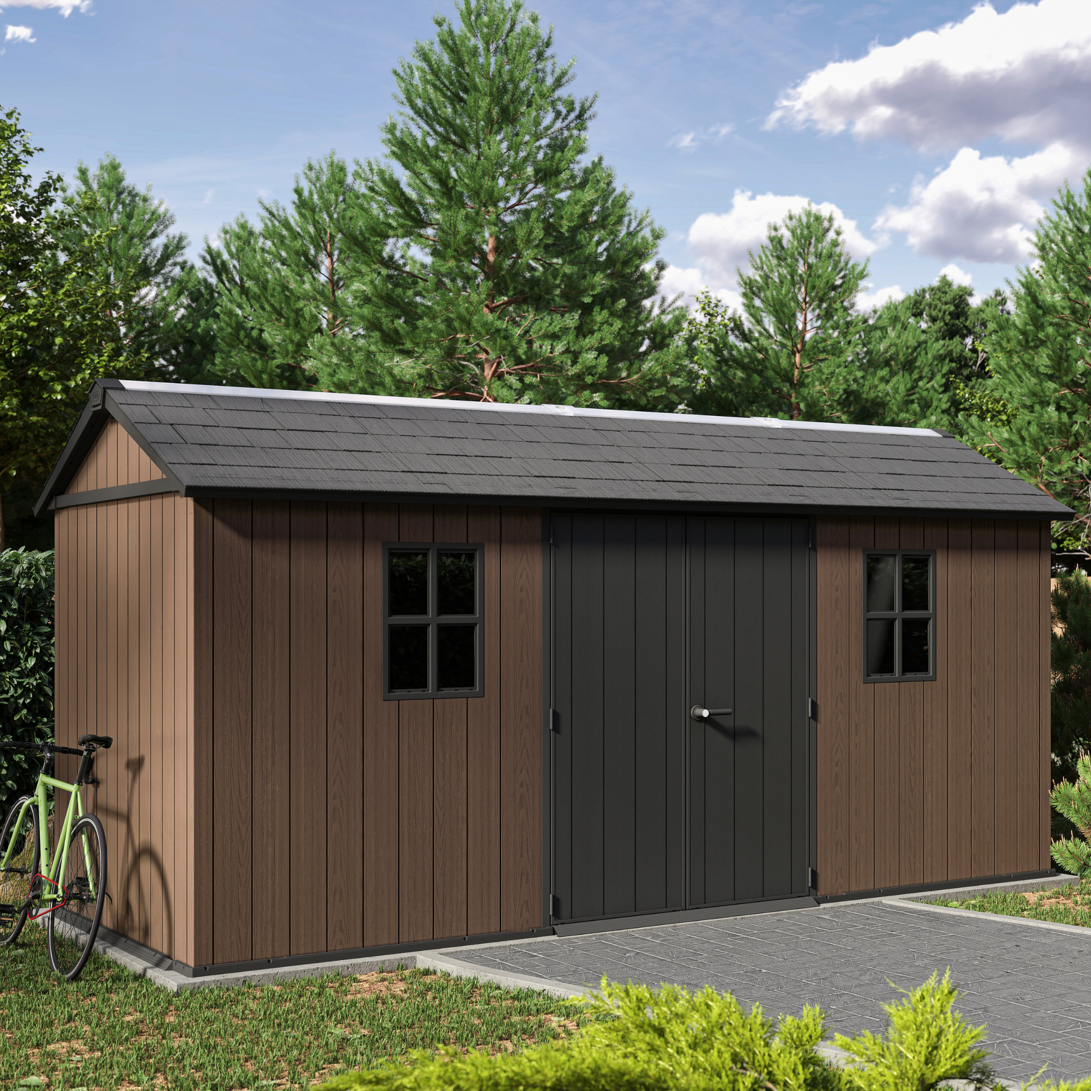 Evotech "Nido Plus 7515/1575" garden shed in brown with two mounting options