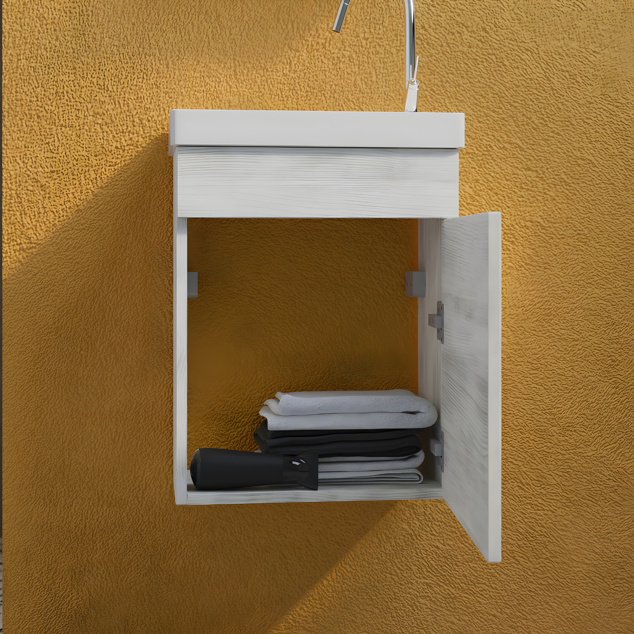 "Kalua" wall-hung bathroom cabinet with integrated ceramic sink and mirror with shelf, 42x23 cm, 105h