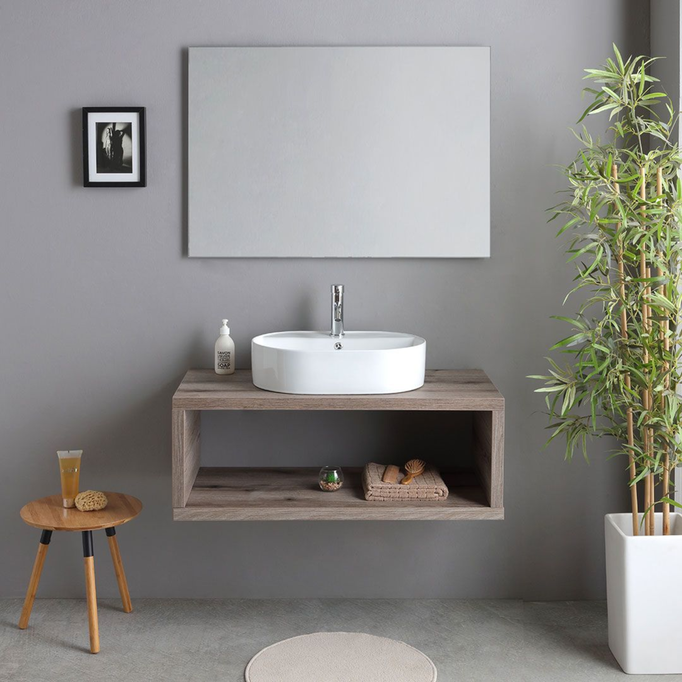 Mobile bagno sospeso rovere fossile "Kos" 100 cm con lavabo ovale bianco in ceramica e specchio rettangolare