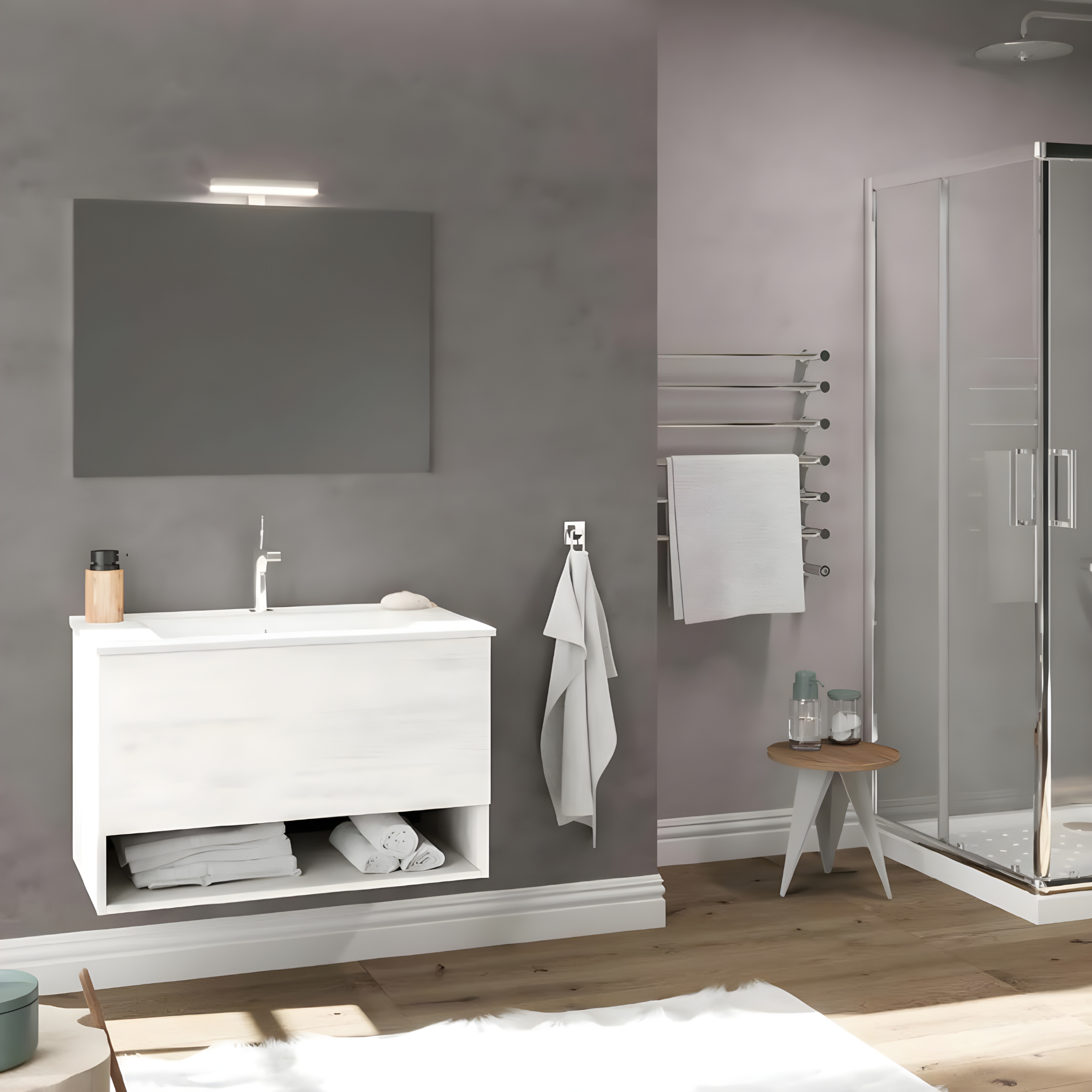 "Lunaris4" wall-hung bathroom cabinet with integrated sink storage compartment and LED mirror