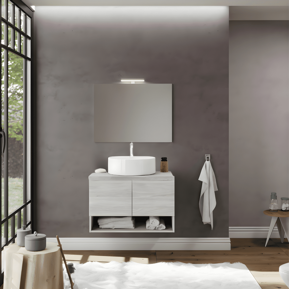 Mobile da bagno sospeso "Lunaris1" con lavabo da appoggio 2 ante e base con specchio LED - MondoViro