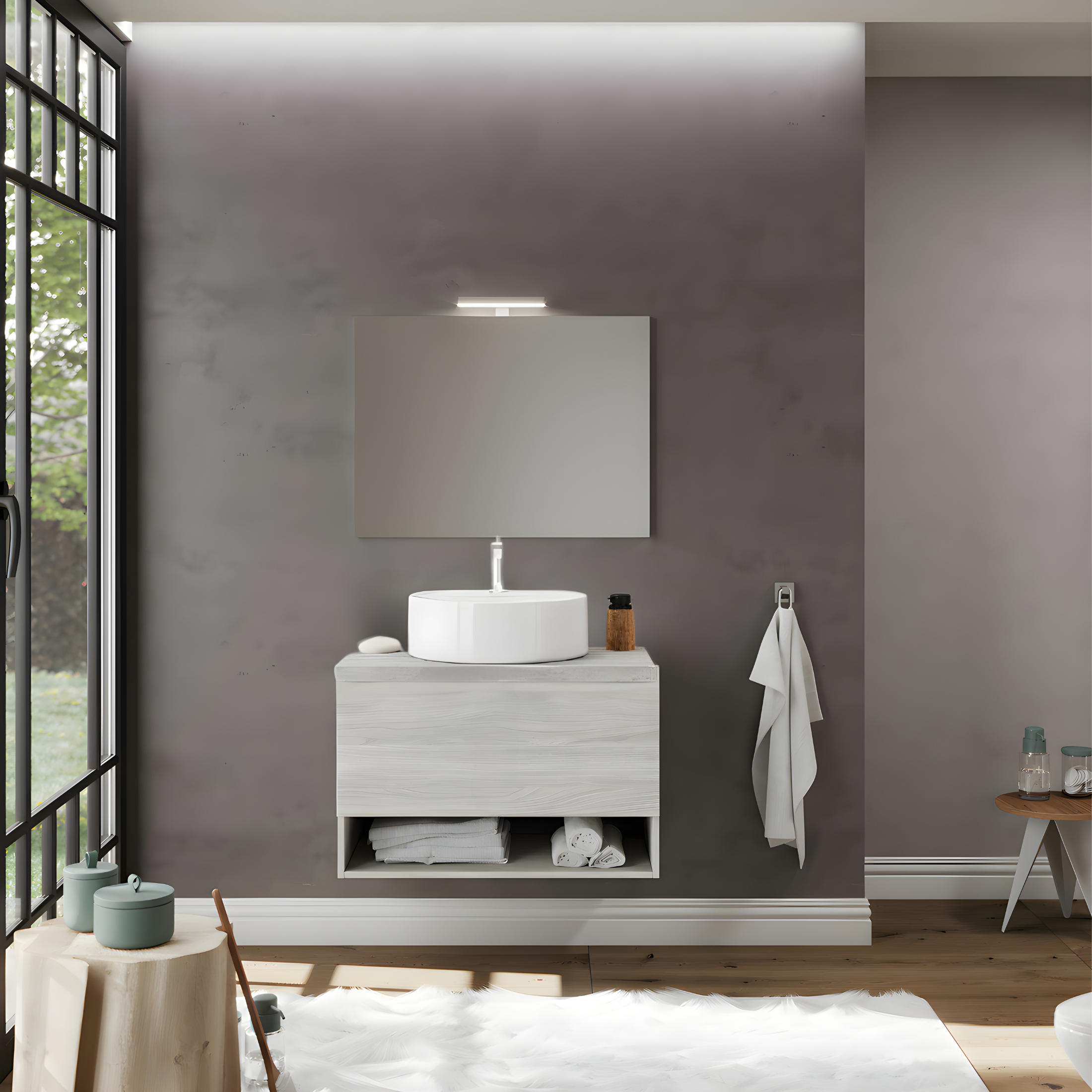 "Lunaris3" wall-hung bathroom cabinet with countertop washbasin storage compartment and LED mirror