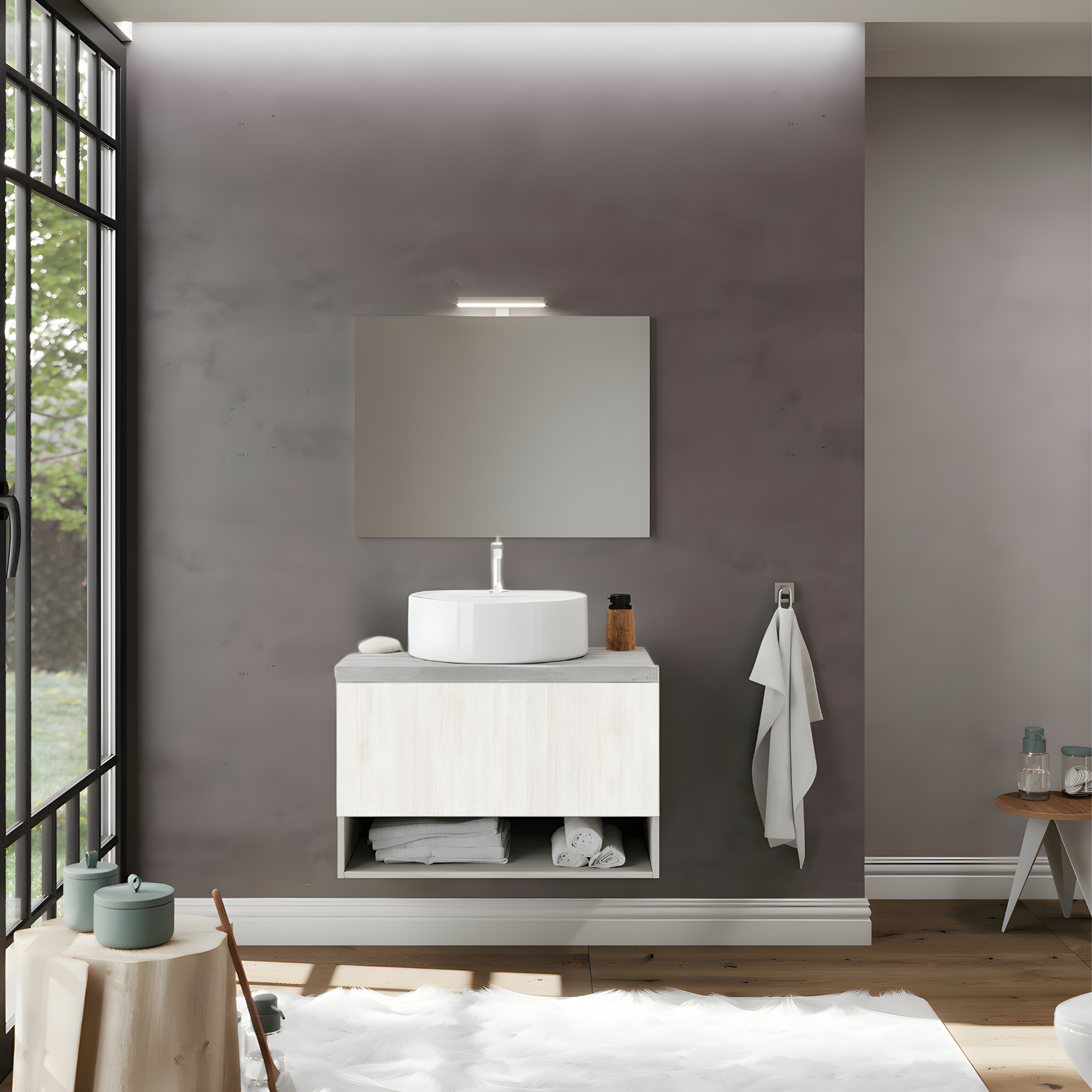 Mobile da bagno sospeso "Lunaris3" con vano contenitore lavabo da appoggio e specchio LED