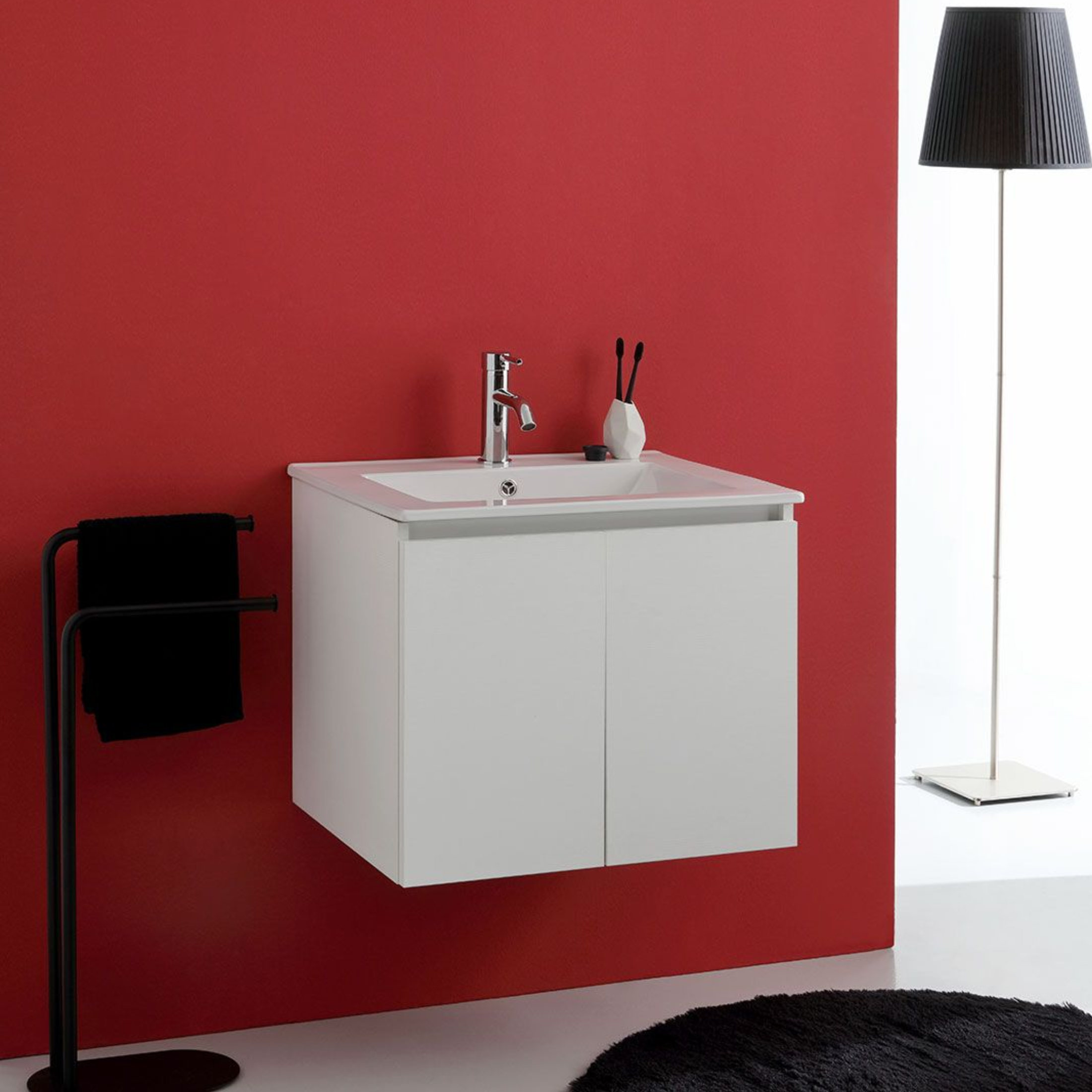 60cm "Lefkada" wall-hung bathroom cabinet with 2 white doors and ceramic sink