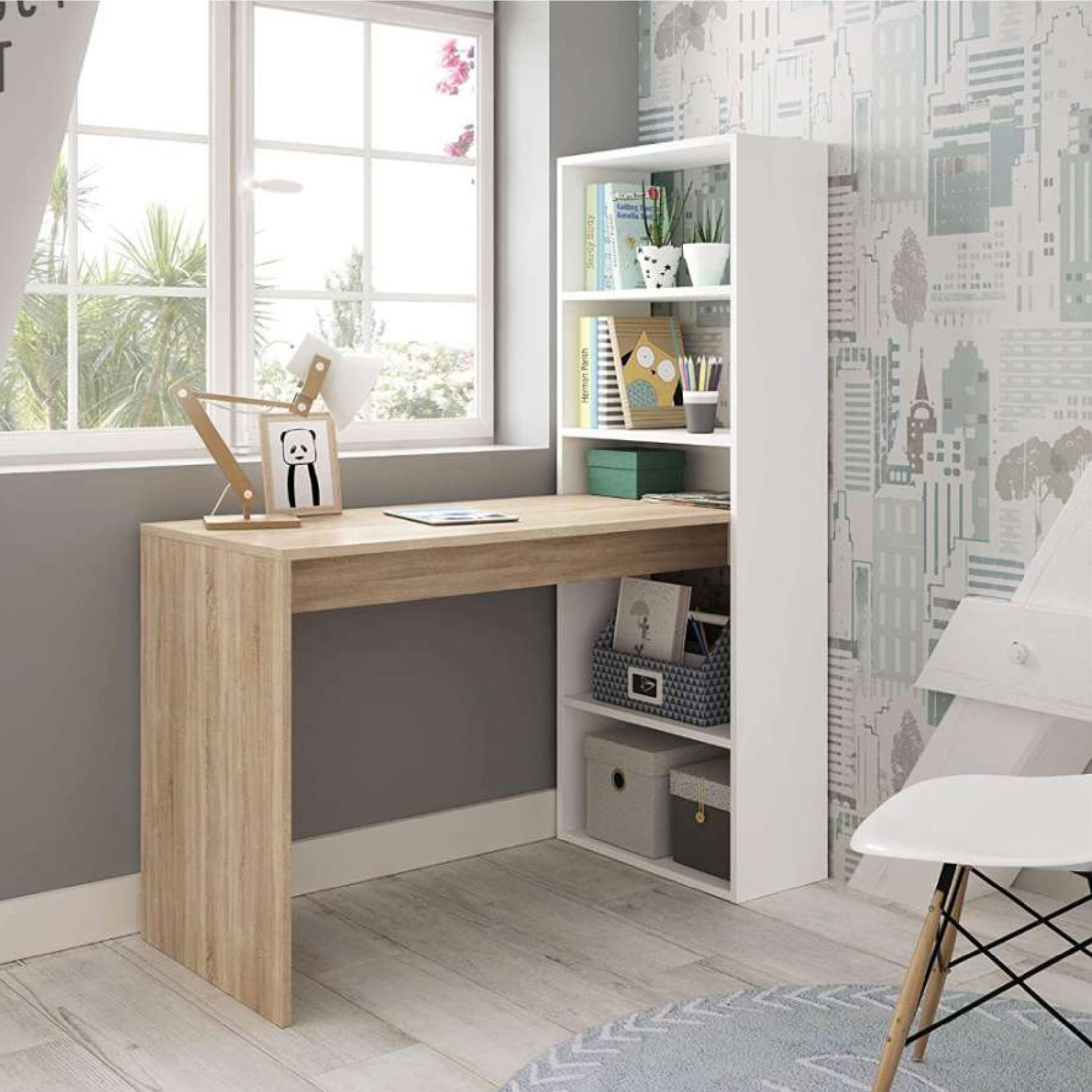 "Lexi Star" multifunctional desk with bookcase, white and oak, 120x53 cm, 144 cm high.