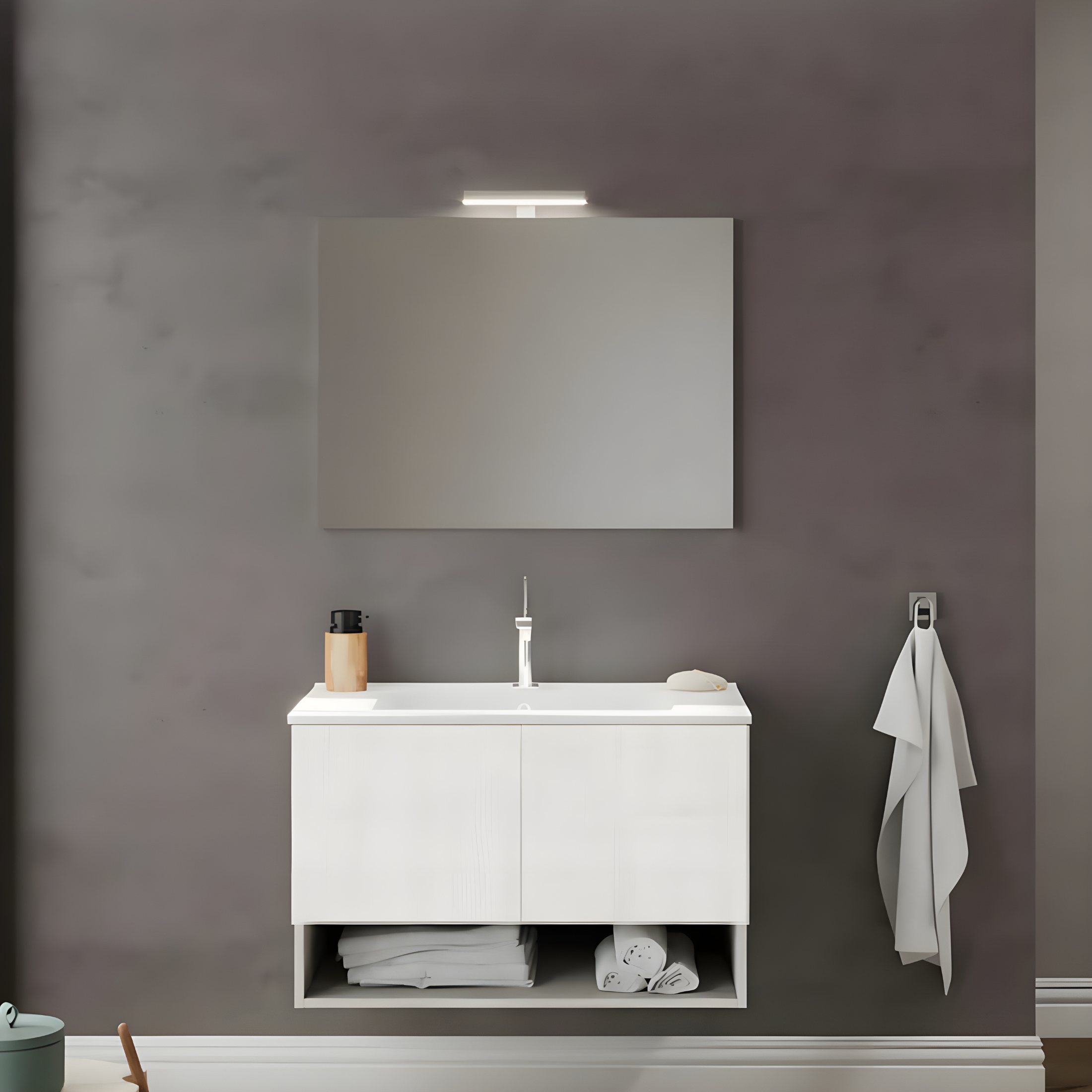 "Lunaris2" wall-hung bathroom cabinet with integrated sink and 2 modern doors with LED mirror