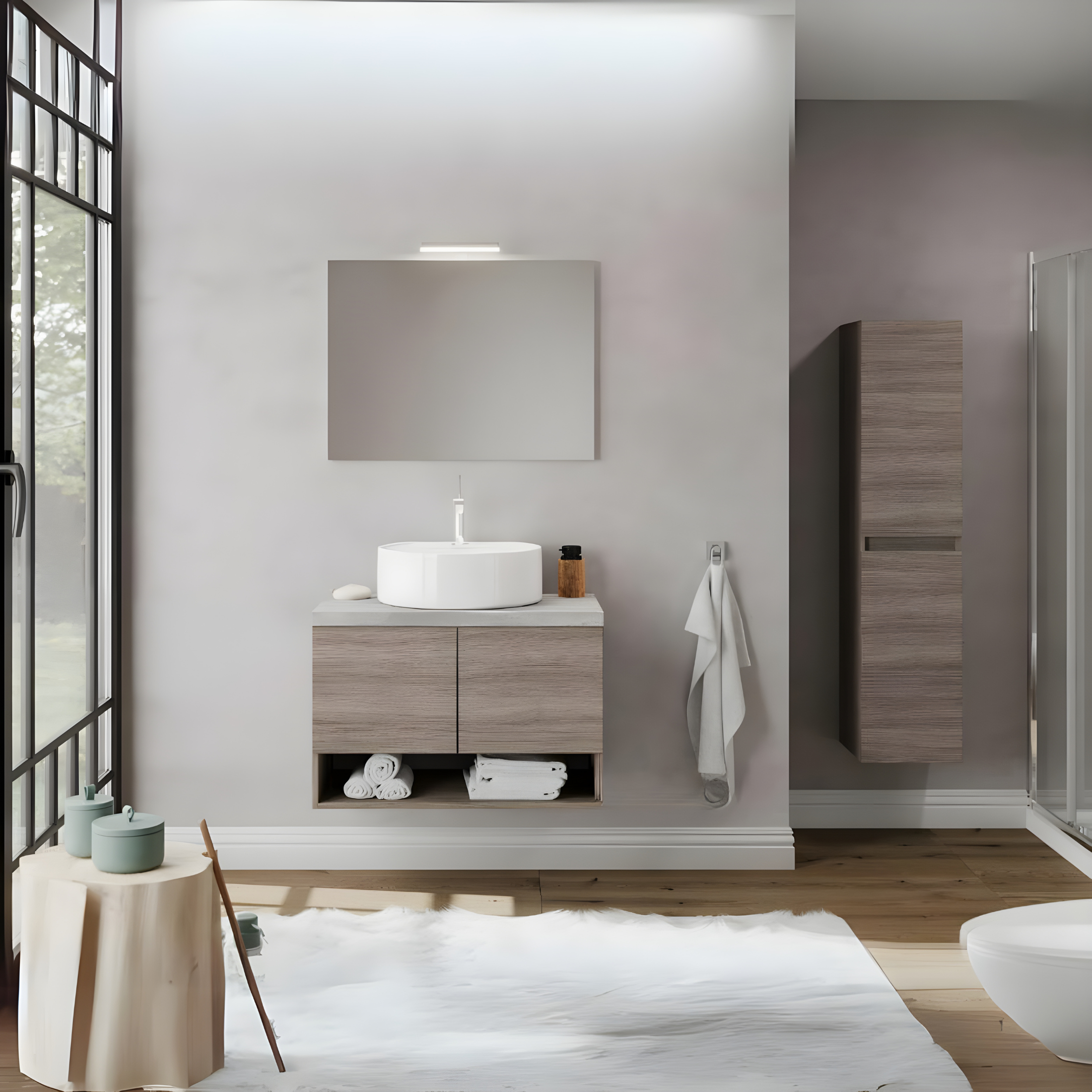 "Lunaris1" wall-hung bathroom cabinet with 2-door countertop washbasin and base unit with LED mirror