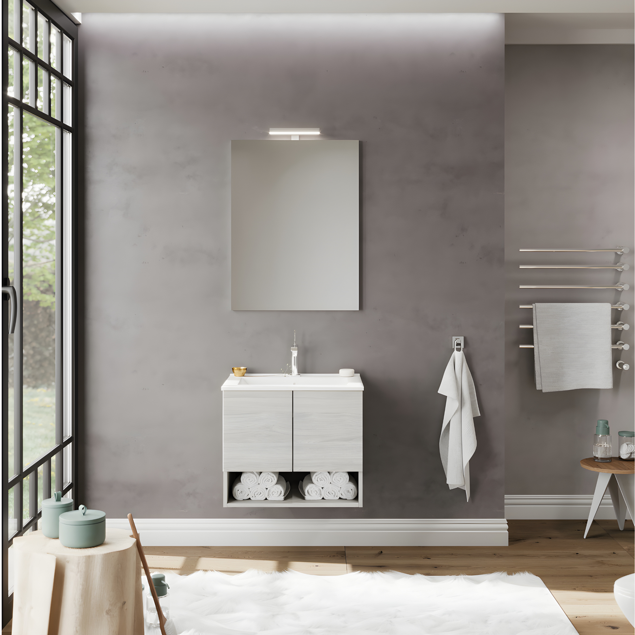 "Lunaris2" wall-hung bathroom cabinet with integrated sink and 2 modern doors with LED mirror