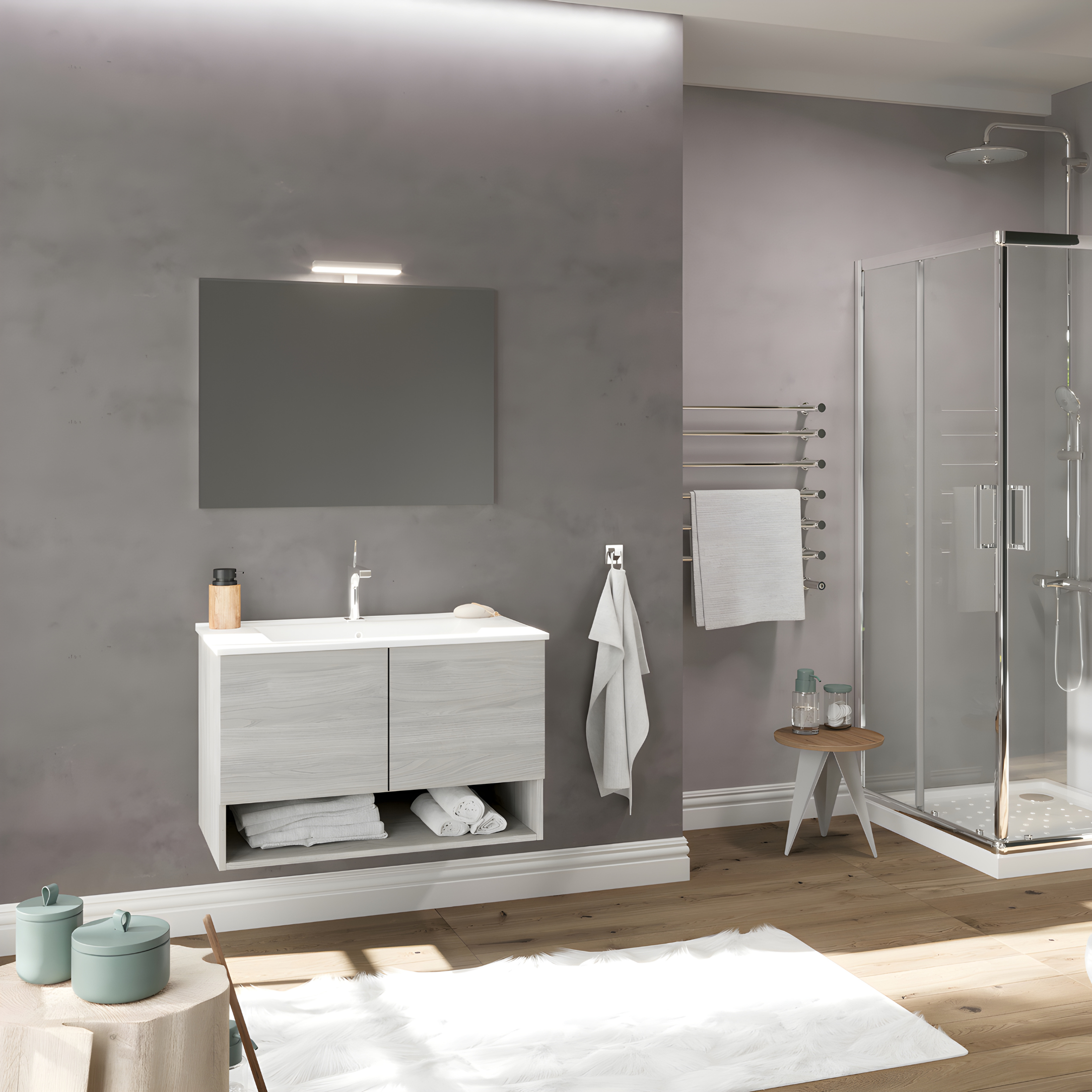 "Lunaris2" wall-hung bathroom cabinet with integrated sink and 2 modern doors with LED mirror