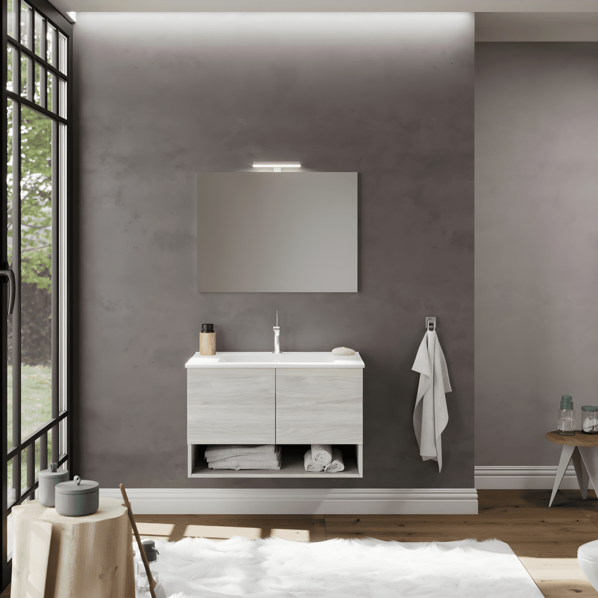 Mobile da bagno sospeso "Lunaris2" con lavabo integrato a 2 ante moderno con specchio LED - MondoViro