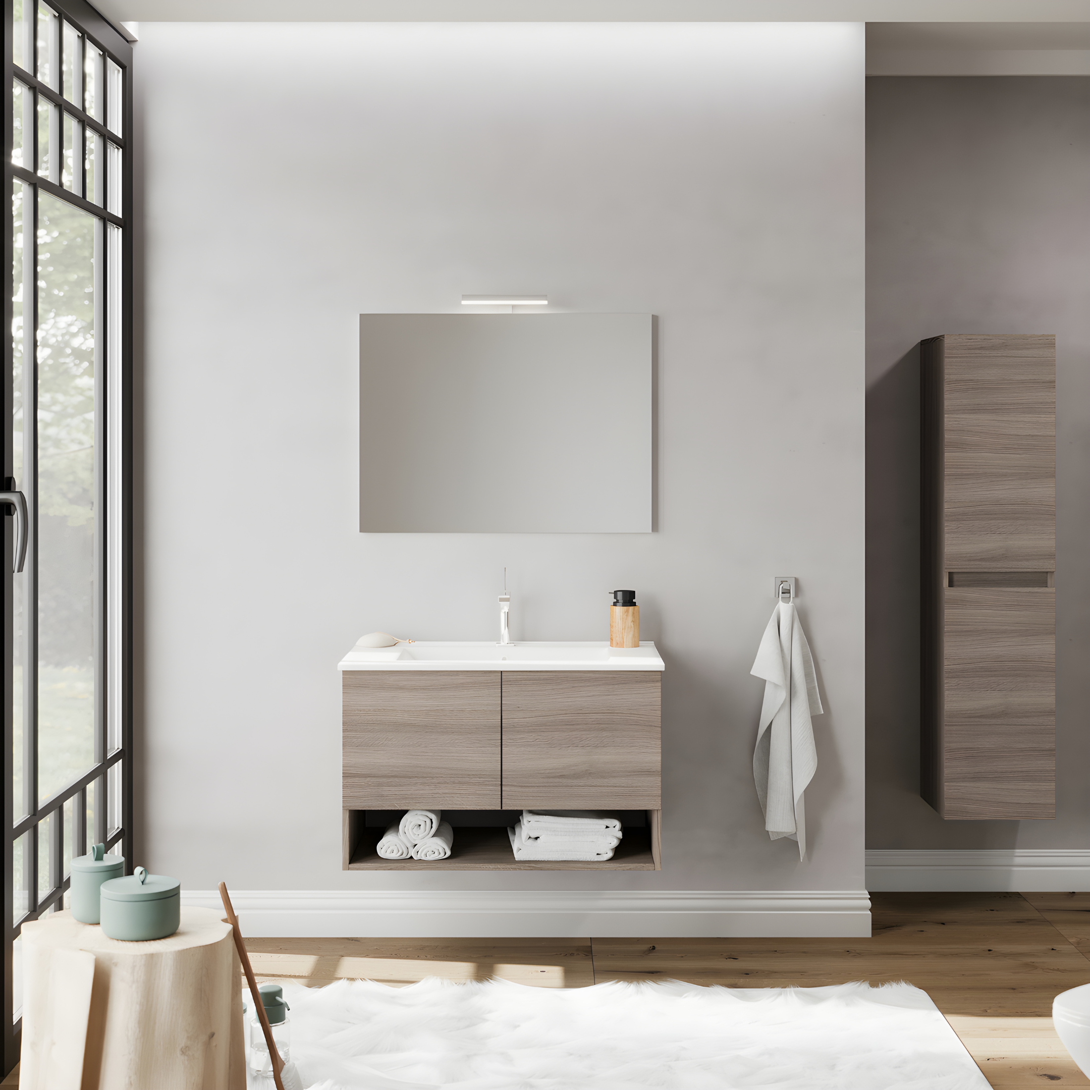 "Lunaris2" wall-hung bathroom cabinet with integrated sink and 2 modern doors with LED mirror