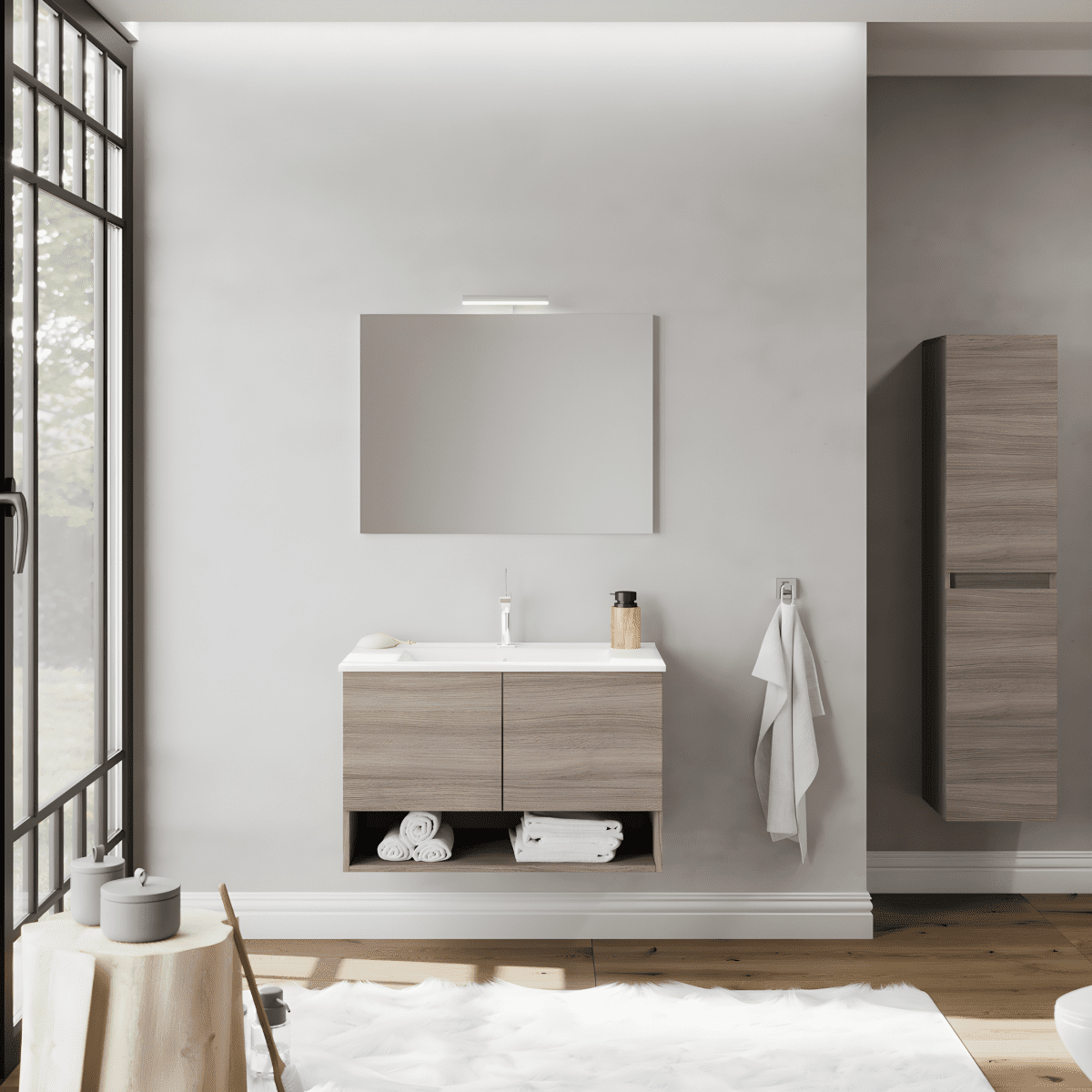 Mobile da bagno sospeso "Lunaris2" con lavabo integrato a 2 ante moderno con specchio LED - MondoViro